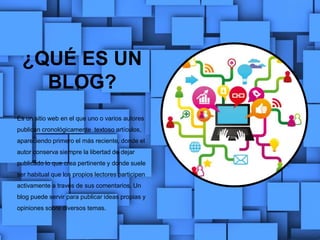 ¿QUÉ ES UN
BLOG?
Es un sitio web en el que uno o varios autores
publican cronológicamente textoso artículos,
apareciendo primero el más reciente, donde el
autor conserva siempre la libertad de dejar
publicado lo que crea pertinente y donde suele
ser habitual que los propios lectores participen
activamente a través de sus comentarios. Un
blog puede servir para publicar ideas propias y
opiniones sobre diversos temas.
 