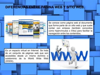 DIFERENCIAS ENTRE PAGINA WEB Y SITIO WEB.
Se conoce como página web al documento
que forma parte de un sitio web y que suele
contar con enlaces (también conocidos
como hipervínculos o links) para facilitar la
navegación entre los contenidos.
Es un espacio virtual en Internet. Se trata
de un conjunto de páginas web que son
accesibles desde un mismo dominio o
subdominio de la World Wide Web
(WWW).
 