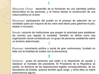 Educación Cívica: desarrollo de la formación de una identidad política
democrática en las personas, y al mismo tiempo la construcción de una
cultura política en el país.
Elecciones: participación del pueblo en el proceso de selección de un
candidato quien por mayoría de los votos será electo para gobernar el país,
estado o municipio.
Estado: conjunto de instituciones que poseen la autoridad para establecer
las normas que regulan la sociedad. También se define como esa
organización social constituida por un grupo de personas establecido sobre
un territorio determinado.
E
f
Fascismo: movimiento político y social de gran controversia, fundado en
Italia con la finalidad de acabar con la democracia.
g
Gabinete: grupo de personas que están a la disposición de ayudar y
obedecer al mandato del presidente. El Presidente de la República se
auxilia, en términos de las disposiciones legales correspondientes, de los
Secretarios de Estado, quienes tendrán igual rango, y entre ellos no habrá
preeminencia alguna.
 