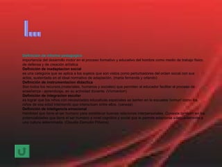 Definición de informe  pedagogico importancia del desarrollo motor en el proceso formativo y educativo del hombre como medio de trabajo fisico, de defensa y de creación artística Definición de inadaptacion social es una categoria que se aplica a los sujetos que son vistos como perturbadores del orden social con sus actos, sustentada en el ideal normativo de adaptaciòn. (maria fernanda y orlando) Definición de instrumentacion didactica Son todos los recursos,(materiales, humanos y sociales) que permiten al educador facilitar el proceso de enseñanza - aprendizaje, en su actividad docente. (Vicmantorr) Definición de integracion escolar es lograr que los niños con necesidades educativas especiales se iserten en la escuales 'comun' como los niños de esa edad intentando que interactuen entre ellos. (vanesa) Definición de inteligencia emocional Habilidad que tiene el ser humano para establecer buenas relaciones interpersonales. Consiste también en las potencialidades que tiene el ser humano a nivel cognitivo y social que le permite adaptarse adecuadamente a una cultura determinada. (Claudia Zamudio Piñeros) I... 