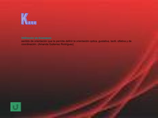 Definición de  kinestesia sentido de orientación que te permite definir la orientación optica, gustativa, tactil, olfativa y de coordinación. (Amanda Gutierrez Rodriguez) K... 