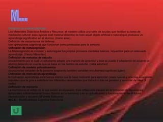 Definición de material didáctico Los Materiales Didácticos Medios y Recursos. el maestro utiliza una serie de ayudas que facilitan su tarea de mediación cultural: esas ayudas soel material didactico es todo aquel objeto artificial o natural que produsca un aprendizaje significativo en el alumno. (mario sosa) Definición de mecanismos de defensa son operaciones cognitivas que funcionan como proteccion para la persona. Definición de metacognición La Metacognición es conocer y autorregular los propios procesos mentales básicos, requeridos para un adecuado aprendizaje. (Yenny Marentes) Definición de metodos de estudio procedimiento por el cual un estudiante adopta una manera de aprender y esta se puede ir adaptando de acuerdo al alumno,teniendo en cuenta que se basa en los habitos de estudio. (nidia sánchez) Definición de modelo psicodinamico incorpora las variables de la persona aceptando tambien variables encubiertas(cognitivas) (glen) Definición de motivacion aprendizaje la motivacion aprendizaje es la fuerza interior que te hace motivarte para aprender cosas nuevas y ademas es el poder impulsivo que te guia a setisfacer las diferentes necesidades que todos los dias se generan y aprender de ellas (A nadie) Definición de memoria La memoria es el reflejo de lo que existió en el pasado. Este reflejo está basado en la formación de conexiones temporales suficientemente firmes (fijación en la memoria) y en su actualización o funcionamiento en el futuro (reproducción y recuerdo) (Fiorella Balbuena) M.C.E. :  Modificabilidad Cognitiva Estructural M... 