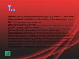 Tartamudez:  vacilación a la hora de hablar,sobretodo pasa en el 60% de los niños entre 3 y 7 años,tb se dá en adultos a la hora de vacilar en decir alguna cosa que le asusta. (dani martin) Tecnicas de Enseñanza:  formas efectivas para lograr la comprensión de lo que se expone, muestra, etc. a un alumno. (marta) T.E.L. :  TRASTORNOS ESPECIFICOS DEL LENGUAJE T.E.A. :  Trastornos Espècificos del Aprendizaje Test de evaluacion Psicopedagogica:  son todos los contenidos que debe cubrir un alumno en la etapa escolar - secundaria y personas con nesecidades especiales Trastorno Negativista Desafiante:  el negativista desafiante es aquel niño retador, que no acata ordenes de ninguna figura de autoridad, que normalmente para otros niños lo es. (alexander romero) Trastornos de Psicomotricidad:  trastorno de la ejecucion a travès de daños cerebrales (arthur benton) Trastornos de Lenguaje:  El término 'trastornos del lenguaje' es utilizado para diagnosticar a niños que desarrollan aspectos selectivos en su lenguaje nativo en una forma lenta, limitada o de manera desviada, cuyo origen no se debe a la presencia de causas físicas o neurológicas demostrables, problemas de audición, trastornos generalizados del desarrollo ni a retraso mental. Los distintos tipos de trastornos del lenguaje a menudo se presentan simultáneamente. También se asocian con un déficit con el rendimiento académico durante la etapa escolar, problemas de enuresis funcional, trastornos del desarrollo de la coordinación, con problemas emocionales, conductuales y sociales (Dabbah, 1994). (Patricia Fernández Iturra. Parte del trabajo de psicolingüística, Chile) Teoria cognoscitiva :trata del aprendizaje que posee el individuo o ser humano a través del tiempo mediante la practica, o interacción con los demás seres de su misma u otra especie T... 