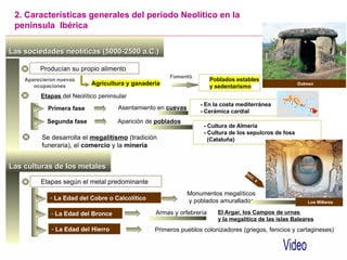 - Cultura de Almería
- Cultura de los sepulcros de fosa
(Cataluña)
Las sociedades neolíticas (5000-2500 a.C.)
Las sociedades neolíticas (5000-2500 a.C.)
Producían su propio alimento
Agricultura y ganadería
Aparecieron nuevas
ocupaciones Dolmen
Fomentó
Poblados estables
y sedentarismo
Las culturas de los metales
Las culturas de los metales
Etapas según el metal predominante
Los Millares
- La Edad del Cobre o Calcolítico
2. Características generales del periodo Neolítico en la
península Ibérica
Monumentos megalíticos
y poblados amurallados
DOC. 8
- La Edad del Bronce Armas y orfebrería El Argar, los Campos de urnas
y la megalítica de las islas Baleares
- La Edad del Hierro Primeros pueblos colonizadores (griegos, fenicios y cartagineses)
Etapas del Neolítico peninsular
Primera fase Asentamiento en cuevas
- En la costa mediterránea
- Cerámica cardial
Segunda fase Aparición de poblados
Se desarrolla el megalitismo (tradición
funeraria), el comercio y la minería
Video
 