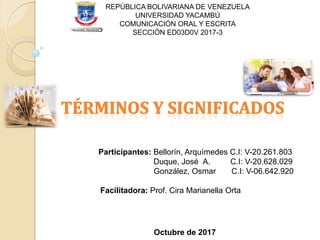 REPÚBLICA BOLIVARIANA DE VENEZUELA
UNIVERSIDAD YACAMBÚ
COMUNICACIÓN ORAL Y ESCRITA
SECCIÓN ED03D0V 2017-3
Participantes: Bellorín, Arquímedes C.I: V-20.261.803
Duque, José A. C.I: V-20.628.029
González, Osmar C.I: V-06.642.920
Facilitadora: Prof. Cira Marianella Orta
Octubre de 2017
 