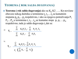 TEOREMA ( ROK SALDA DUGOVANJA)
 Teorema ( rok salda dugovanja) ako su Kp K2 ….. Kn novčane
obaveze nekog dužnika u terminima tp t2….tn sa kamatnim
stopama pp p2…pn respektivno, i ako su njegova potraživanja P1
P2…Pm u terminima t1 t2…tm uz kamatne stope p1 p2 …pm
respektivno, tada je saldo dugovanja ts dat sa:
KkPkTk - Pk Pk Tk
KkPk - PkPk
Ts =
a)
b)
KkPkTk - Pk Pk Tk
Ts =
Ps
Kk - Pk( )
 