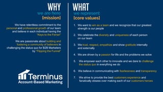 1. We want to win as a team and we recognize that our greatest
strength is our people
2. We celebrate the diversity and uniqueness of each person
on our team
3. We trust, respect, empathize and show gratitude internally
and externally
4. We are driven by a passion for life and the problems we solve
5. We empower each other to innovate and we dare to challenge
the status quo in everything we do
6. We believe in communicating with fearlessness and transparency
7. We strive to provide the best customers experience and
fanatically obsess over making each of our customers heroes
We have relentless commitment to the
personal and professional growth of our team
and believe in each individual having the
“Keys to the Ferrari”
We are passionate about building and
fostering a community of believers in
challenging the status quo for B2B Marketers
by “Flipping the Funnel”
 