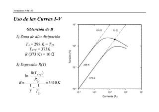 Termistores NTC -13
Uso de las Curvas I-V
Obtención de B
1) Zona de alta disipación
TA = 298 K = T25
TNTC = 373K
R (373 K) = 10 Ω
3) Expresión R(T)
K
TT
R
TR
B
NTC
3410
11
)(
ln
25
25
=
−
=












Corriente (A)
10-3 10-2 10-1 100 101
Tensión(V)
10-2
10-1
100
101
298 K
373 K
100 Ω 10 Ω
 