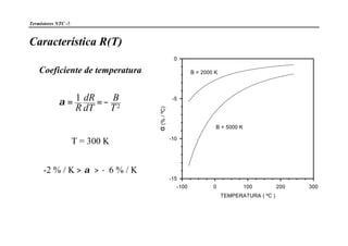 Termistores NTC -5
Característica R(T)
Coeficiente de temperatura
α = = −1
2R
dR
dT
B
T
T = 300 K
-2 % / K > α > − 6 % / K
TEMPERATURA ( ºC )
-100 0 100 200 300
α(%/ºC)
-15
-10
-5
0
B = 5000 K
B = 2000 K
 