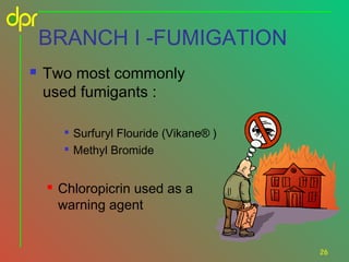 BRANCH I -FUMIGATION


Two most commonly
used fumigants :





Surfuryl Flouride (Vikane® )
Methyl Bromide

Chloropicrin used as a
warning agent

26

 