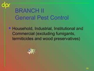 BRANCH II
General Pest Control


Household, Industrial, Institutional and
Commercial (excluding fumigants,
termiticides and wood preservatives)

28

 