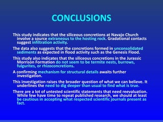 CONCLUSIONS
This study indicates that the siliceous concretions at Navajo Church
involve a source extraneous to the hosting rock. Gradational contacts
suggest infiltration activity.
The data also suggests that the concretions formed in unconsolidated
sediments as expected in flood activity such as the Genesis Flood.
This study also indicates that the siliceous concretions in the Jurassic
Morrison Formation do not seem to be termite nests, burrows,
fulgurites, or rhizoconcretions.
A confirming mechanism for structural details awaits further
investigation.
This investigation raises the broader question of what we can believe. It
underlines the need to dig deeper than usual to find what is true.
There are a lot of untested scientific statements that need reevaluation.
While few have time to repeat published research, we should at least
be cautious in accepting what respected scientific journals present as
fact.
 