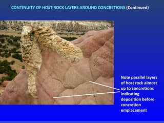 Note parallel layers
of host rock almost
up to concretions
indicating
deposition before
concretion
emplacement
CONTINUITY OF HOST ROCK LAYERS AROUND CONCRETIONS (Continued)
 