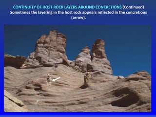 CONTINUITY OF HOST ROCK LAYERS AROUND CONCRETIONS (Continued)
Sometimes the layering in the host rock appears reflected in the concretions
(arrow).
 