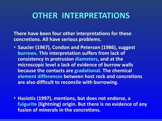 OTHER INTERPRETATIONS
There have been four other interpretations for these
concretions. All have serious problems.
• Saucier (1967), Condon and Peterson (1986), suggest
burrows. This interpretation suffers from lack of
consistency in protrusion diameters, and at the
microscopic level a lack of evidence of burrow walls
because the contacts are gradational. The chemical
element differences between host rock and concretions
are also difficult to reconcile with burrowing.
• Hasiotis (1997), mentions, but does not endorse, a
fulgurite (lightning) origin. But there is no evidence of any
fusion of minerals in the concretions.
 