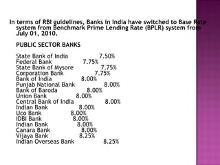 In terms of RBI guidelines, Banks in India have switched to Base Rate system from Benchmark Prime Lending Rate (BPLR) system from July 01, 2010.  PUBLIC SECTOR BANKS State Bank of India                 7.50%  Federal Bank                 7.75%  State Bank of Mysore               7.75%  Corporation Bank                 7.75%  Bank of India                8.00%  Punjab National Bank                8.00%  Bank of Baroda                8.00%  Union Bank                8.00%  Central Bank of India                 8.00%  Indian Bank                 8.00%  Uco Bank                8.00%  IDBI Bank                 8.00%  Indian Bank                8.00%  Canara Bank                 8.00%  Vijaya Bank                 8.25%  Indian Overseas Bank                8.25%  