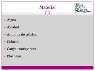 Material

 Aigua.

 Alcohol.

 Ampolla de plàstic.

 Colorant.

 Canya transparent.

 Plastilina.
 