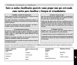 7
Trabalhando o levantamento e a classificação.
Entre as muitas classificações possíveis vamos propor uma que será usada
como roteiro para classificar a listagem de termodinâmica.
É claro que muitas coisas podem ou não estarem presentes em várias categorias. Por exemplo, a água serve para controlar a temperatura no motor a
explosão (1), troca calor com a vizinhança (2), muda de fase (3) e é a substância usada na turbina a vapor (4). A madeira, utilizada como isolante e
combustível, se encontra na coluna de fontes e trocas de calor (2).
Medida e controle de
temperatura.
forno
termômetro
radiação
água ...
Fontes e trocas de calor.
Sol
madeira
convecção
isopor
água ...
Transformações
térmicas.
motor
água
gases
panela de pressão...
Máquinas térmicas.
geladeira
motor
turbina a vapor...
1) Medida e controle de temperatura.
Somos capazes de sentir o calor porque temos receptores na pele
que detectam o aumento de energia térmica.
Para medir temperaturas construímos termômetros clínicos ou
industriais que se baseiam na propriedade dos materiais dilatarem
quando aquecidos.
O controle de temperatura feito pelos termostatos, que ligam e
desligam circuitos, também se baseia na dilatação.
3) Transformações térmicas.
Na natureza encontramos água em grande quantidade: no estado
líquido, como sólido nas geleiras polares e como gás na atmosfera.
O gelo, a água e o vapor d'água são estados diferentes de uma
mesma substância.
Utilizando tecnologias específicas nós provocamos mudanças de
estado nas substâncias sempre que necessário.
Transformações térmicas exercidas nos gases produzem variações
de volume e pressão.
2) Fontes e trocas de calor.
Que o Sol é uma fonte de calor ninguém duvida. E os combustíveis?
Mas, será que nós também podemos nos considerar uma fonte
de calor? Como o calor do Sol chega até nós?
Sempre que algo puder ceder calor para a vizinhança pode ser
considerado uma fonte de calor. As vezes entretanto precisamos
impedir as trocas de calor que ocorrem por várias maneiras. O
isopor, entre muitos outros é um material que evita a condução
do calor.
4) Máquinas térmicas.
Identificar um motor do carro como uma máquina térmica é
habitual. Mas, e uma geladeira? Ela resfria alimentos.
E o organismo humano, pode ser classificado junto com um motor?
Os princípios em que se baseiam o funcionamento das máquinas
térmicas são os mesmos que regem os fenômenos naturais; eles
são universais.
 