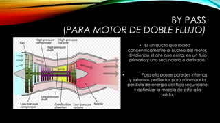 BY PASS
(PARA MOTOR DE DOBLE FLUJO)
• Es un ducto que rodea
concéntricamente al núcleo del motor,
dividiendo el aire que entra, en un flujo
primario y uno secundario o derivado.
• Para ello posee paredes internas
y externas perfiladas para minimizar la
perdida de energía del flujo secundario
y optimizar la mezcla de este a la
salida.
 