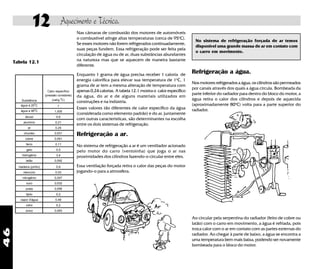 46
12 Aquecimento e Técnica.
Esses valores tão diferentes de calor específico da água
(considerada como elemento padrão) e do ar, juntamente
com outras características, são determinantes na escolha
entre os dois sistemas de refrigeração.
Refrigeração a água.
Refrigeração a ar.
No sistema de refrigeração a ar é um ventilador acionado
pelo motor do carro (ventoinha) que joga o ar nas
proximidades dos cilindros fazendo-o circular entre eles.
Essa ventilação forçada retira o calor das peças do motor
jogando-o para a atmosfera.
No sistema de refrigeração forçada de ar temos
disponível uma grande massa de ar em contato com
o carro em movimento.
Nos motores refrigerados a água, os cilindros são permeados
por canais através dos quais a água circula. Bombeada da
parte inferior do radiador para dentro do bloco do motor, a
água retira o calor dos cilindros e depois de aquecida
(aproximadamente 80o
C) volta para a parte superior do
radiador.
Tabela 12.1
Substância
Calor específico
(pressão constante)
(cal/g.
0
C)
água a 20
0
C 1
água a 90
0
C 1,005
álcool 0,6
alumínio 0,21
ar 0,24
chumbo 0,031
cobre 0,091
ferro 0,11
gelo 0,5
hidrogênio 3,4
latão 0,092
madeira (pinho) 0,6
mercúrio 0,03
nitrogênio 0,247
ouro 0,032
prata 0,056
tijolo 0,2
vapor d'água 0,48
vidro 0,2
zinco 0,093
Ao circular pela serpentina do radiador (feito de cobre ou
latão) com o carro em movimento, a água é refriada, pois
troca calor com o ar em contato com as partes externas do
radiador. Ao chegar à parte de baixo, a água se encontra a
uma temperatura bem mais baixa, podendo ser novamente
bombeada para o bloco do motor.
Nas câmaras de combustão dos motores de automóveis
o combustível atinge altas temperaturas (cerca de 95o
C).
Se esses motores não forem refrigerados continuadamente,
suas peças fundem. Essa refrigeração pode ser feita pela
circulação de água ou de ar, duas substâncias abundantes
na natureza mas que se aquecem de maneira bastante
diferente.
Enquanto 1 grama de água precisa receber 1 caloria de
energia calorífica para elevar sua temperatura de 1o
C, 1
grama de ar tem a mesma alteração de temperatura com
apenas 0,24 calorias. A tabela 12.1 mostra o calor específico
da água, do ar e de alguns materiais utilizados em
construções e na indústria.
 