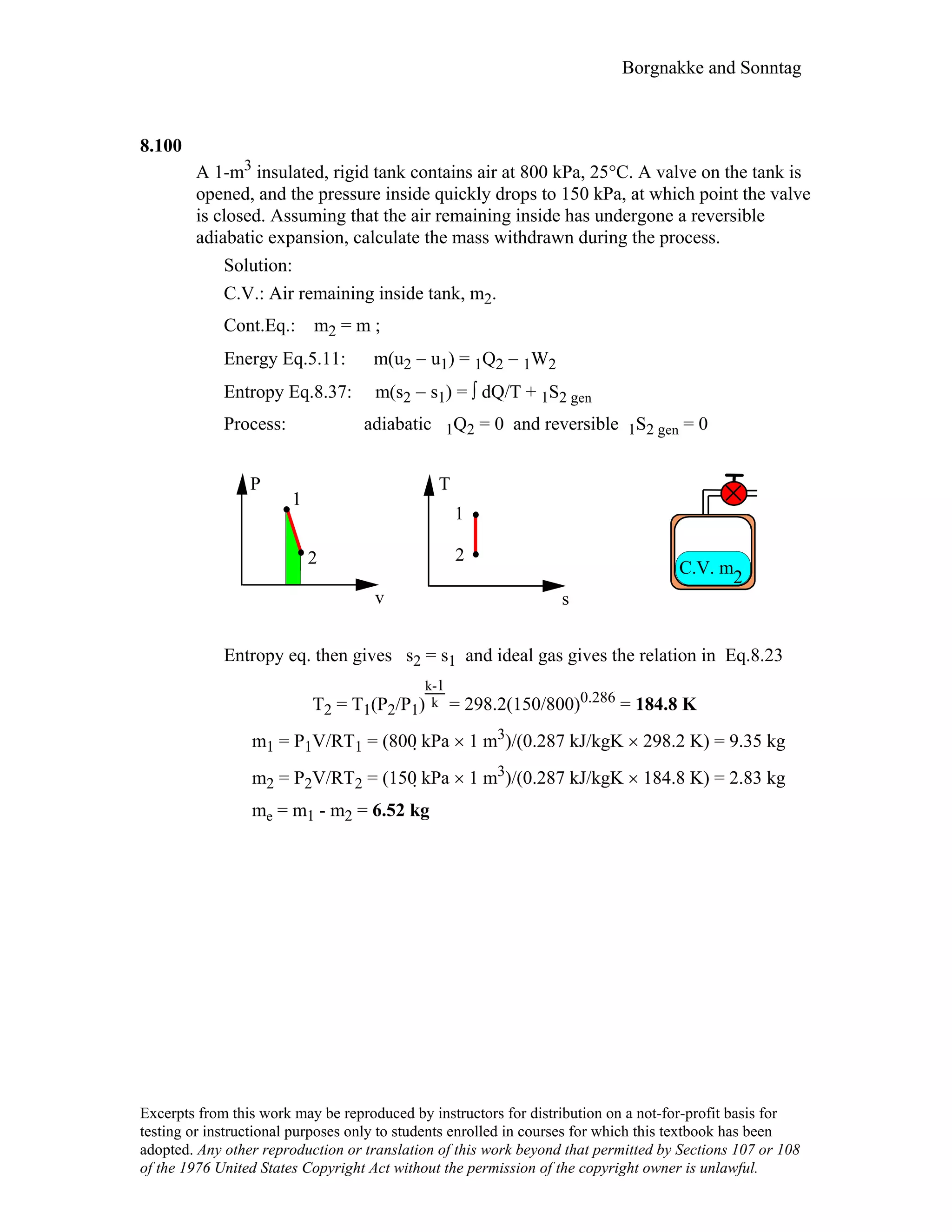 Borgnakke and Sonntag
8.100
A 1-m3 insulated, rigid tank contains air at 800 kPa, 25°C. A valve on the tank is
opened, and the pressure inside quickly drops to 150 kPa, at which point the valve
is closed. Assuming that the air remaining inside has undergone a reversible
adiabatic expansion, calculate the mass withdrawn during the process.
Solution:
C.V.: Air remaining inside tank, m2.
Cont.Eq.: m2 = m ;
Energy Eq.5.11: m(u2 − u1) = 1Q2 − 1W2
Entropy Eq.8.37: m(s2 − s1) = ∫ dQ/T + 1S2 gen
Process: adiabatic 1Q2 = 0 and reversible 1S2 gen = 0
P
v
1
2 2
1
T
s
C.V. m2
Entropy eq. then gives s2 = s1 and ideal gas gives the relation in Eq.8.23
T2 = T1(P2/P1)
k-1
k = 298.2(150/800)0.286 = 184.8 K
m1 = P1V/RT1 = (800 kPa × 1 m3)/(0.287 kJ/kgK × 298.2 K) = 9.35 kg
m2 = P2V/RT2 = (150 kPa × 1 m3)/(0.287 kJ/kgK × 184.8 K) = 2.83 kg
me = m1 - m2 = 6.52 kg
Excerpts from this work may be reproduced by instructors for distribution on a not-for-profit basis for
testing or instructional purposes only to students enrolled in courses for which this textbook has been
adopted. Any other reproduction or translation of this work beyond that permitted by Sections 107 or 108
of the 1976 United States Copyright Act without the permission of the copyright owner is unlawful.
 