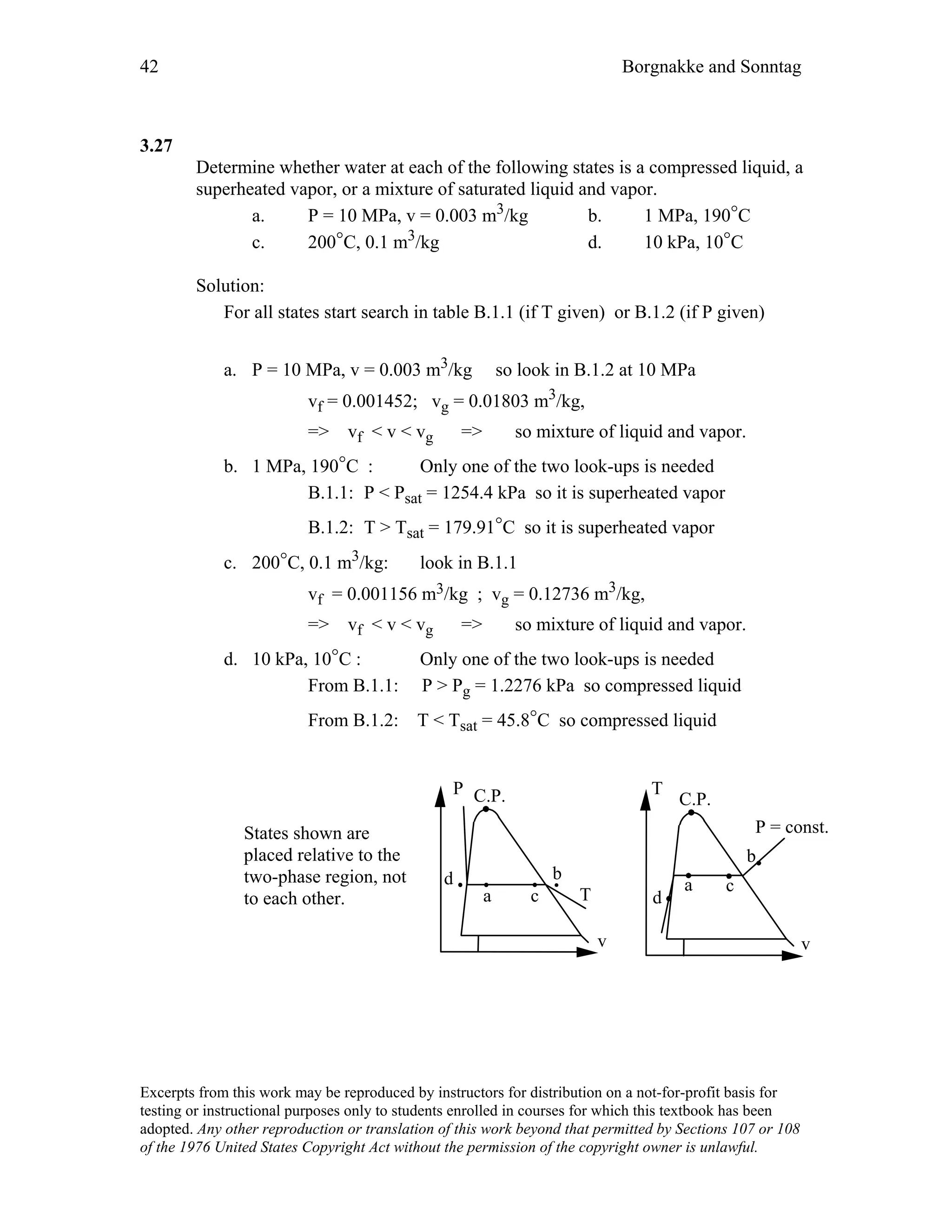 42 Borgnakke and Sonntag
3.27
Determine whether water at each of the following states is a compressed liquid, a
superheated vapor, or a mixture of saturated liquid and vapor.
a. P = 10 MPa, v = 0.003 m3/kg b. 1 MPa, 190°C
c. 200°C, 0.1 m3/kg d. 10 kPa, 10°C
Solution:
For all states start search in table B.1.1 (if T given) or B.1.2 (if P given)
a. P = 10 MPa, v = 0.003 m3/kg so look in B.1.2 at 10 MPa
vf = 0.001452; vg = 0.01803 m3/kg,
=> vf < v < vg => so mixture of liquid and vapor.
b. 1 MPa, 190°C : Only one of the two look-ups is needed
B.1.1: P < Psat = 1254.4 kPa so it is superheated vapor
B.1.2: T > Tsat = 179.91°C so it is superheated vapor
c. 200°C, 0.1 m3/kg: look in B.1.1
vf = 0.001156 m3/kg ; vg = 0.12736 m3/kg,
=> vf < v < vg => so mixture of liquid and vapor.
d. 10 kPa, 10°C : Only one of the two look-ups is needed
From B.1.1: P > Pg = 1.2276 kPa so compressed liquid
From B.1.2: T < Tsat = 45.8°C so compressed liquid
States shown are
placed relative to the
two-phase region, not
to each other.
P C.P.
v
T
C.P.
v
Ta
d
c
b
d
a c
b
P = const.
Excerpts from this work may be reproduced by instructors for distribution on a not-for-profit basis for
testing or instructional purposes only to students enrolled in courses for which this textbook has been
adopted. Any other reproduction or translation of this work beyond that permitted by Sections 107 or 108
of the 1976 United States Copyright Act without the permission of the copyright owner is unlawful.
 