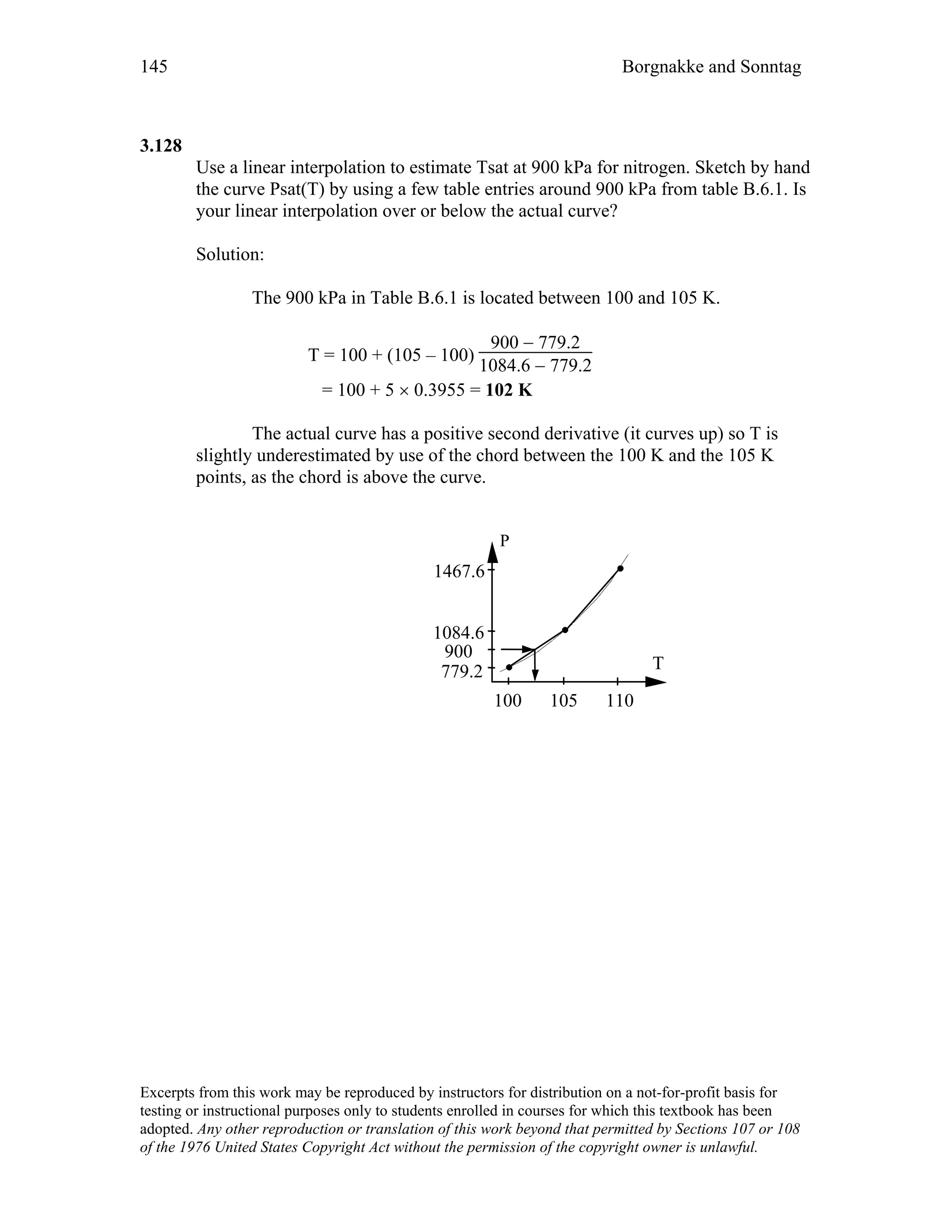 145 Borgnakke and Sonntag
3.128
Use a linear interpolation to estimate Tsat at 900 kPa for nitrogen. Sketch by hand
the curve Psat(T) by using a few table entries around 900 kPa from table B.6.1. Is
your linear interpolation over or below the actual curve?
Solution:
The 900 kPa in Table B.6.1 is located between 100 and 105 K.
T = 100 + (105 – 100)
900 − 779.2
1084.6 − 779.2
= 100 + 5 × 0.3955 = 102 K
The actual curve has a positive second derivative (it curves up) so T is
slightly underestimated by use of the chord between the 100 K and the 105 K
points, as the chord is above the curve.
P
T
100 105 110
779.2
1084.6
1467.6
900
Excerpts from this work may be reproduced by instructors for distribution on a not-for-profit basis for
testing or instructional purposes only to students enrolled in courses for which this textbook has been
adopted. Any other reproduction or translation of this work beyond that permitted by Sections 107 or 108
of the 1976 United States Copyright Act without the permission of the copyright owner is unlawful.
 