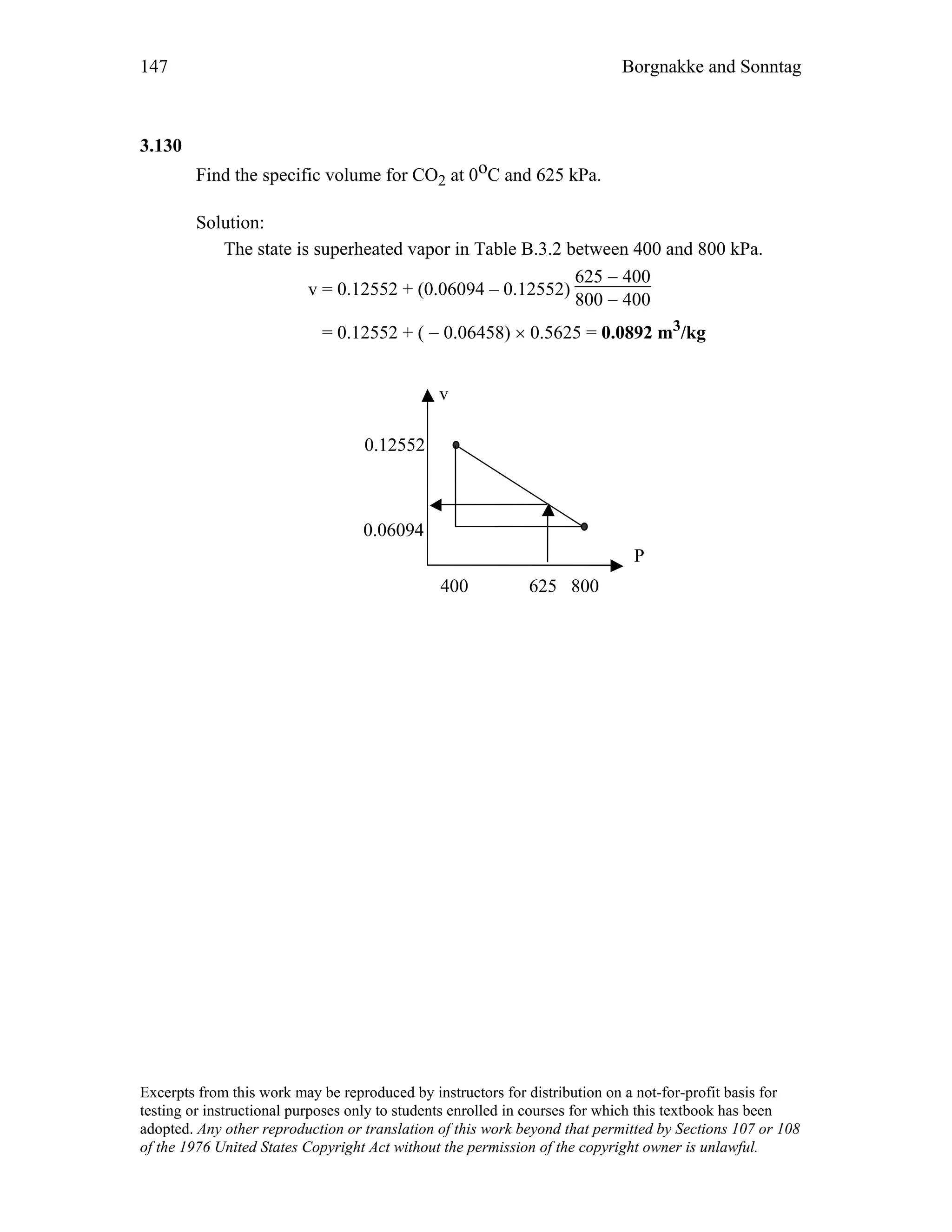 147 Borgnakke and Sonntag
Excerpts from this work may be reproduced by instructors for distribution on a not-for-profit basis for
testing or instructional purposes only to students enrolled in courses for which this textbook has been
adopted. Any other reproduction or translation of this work beyond that permitted by Sections 107 or 108
of the 1976 United States Copyright Act without the permission of the copyright owner is unlawful.
3.130
Find the specific volume for CO2 at 0oC and 625 kPa.
Solution:
The state is superheated vapor in Table B.3.2 between 400 and 800 kPa.
v = 0.12552 + (0.06094 – 0.12552)
625 − 400
800 − 400
= 0.12552 + ( − 0.06458) × 0.5625 = 0.0892 m3/kg
v
0.12552
0.06094
P
400 625 800
 