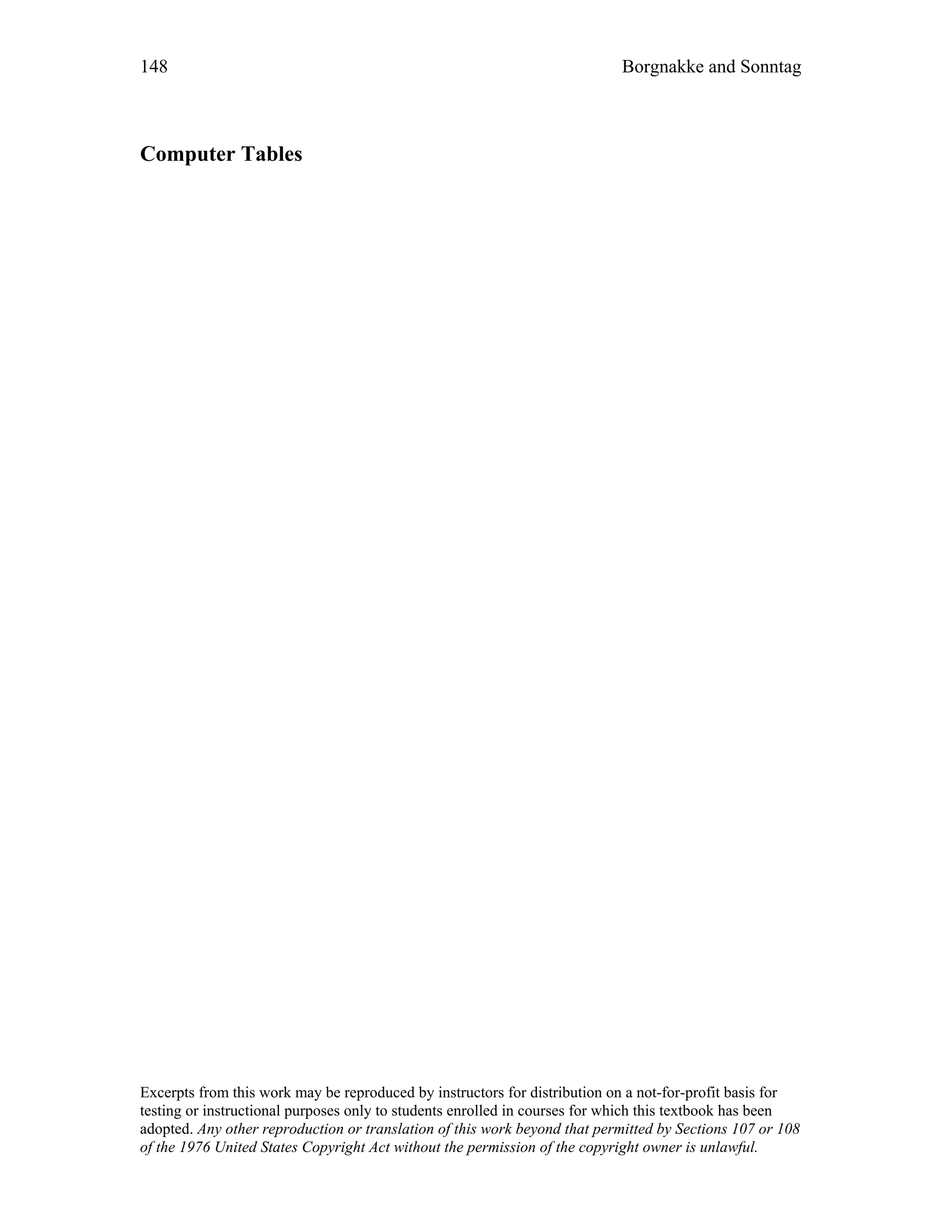 148 Borgnakke and Sonntag
Computer Tables
Excerpts from this work may be reproduced by instructors for distribution on a not-for-profit basis for
testing or instructional purposes only to students enrolled in courses for which this textbook has been
adopted. Any other reproduction or translation of this work beyond that permitted by Sections 107 or 108
of the 1976 United States Copyright Act without the permission of the copyright owner is unlawful.
 