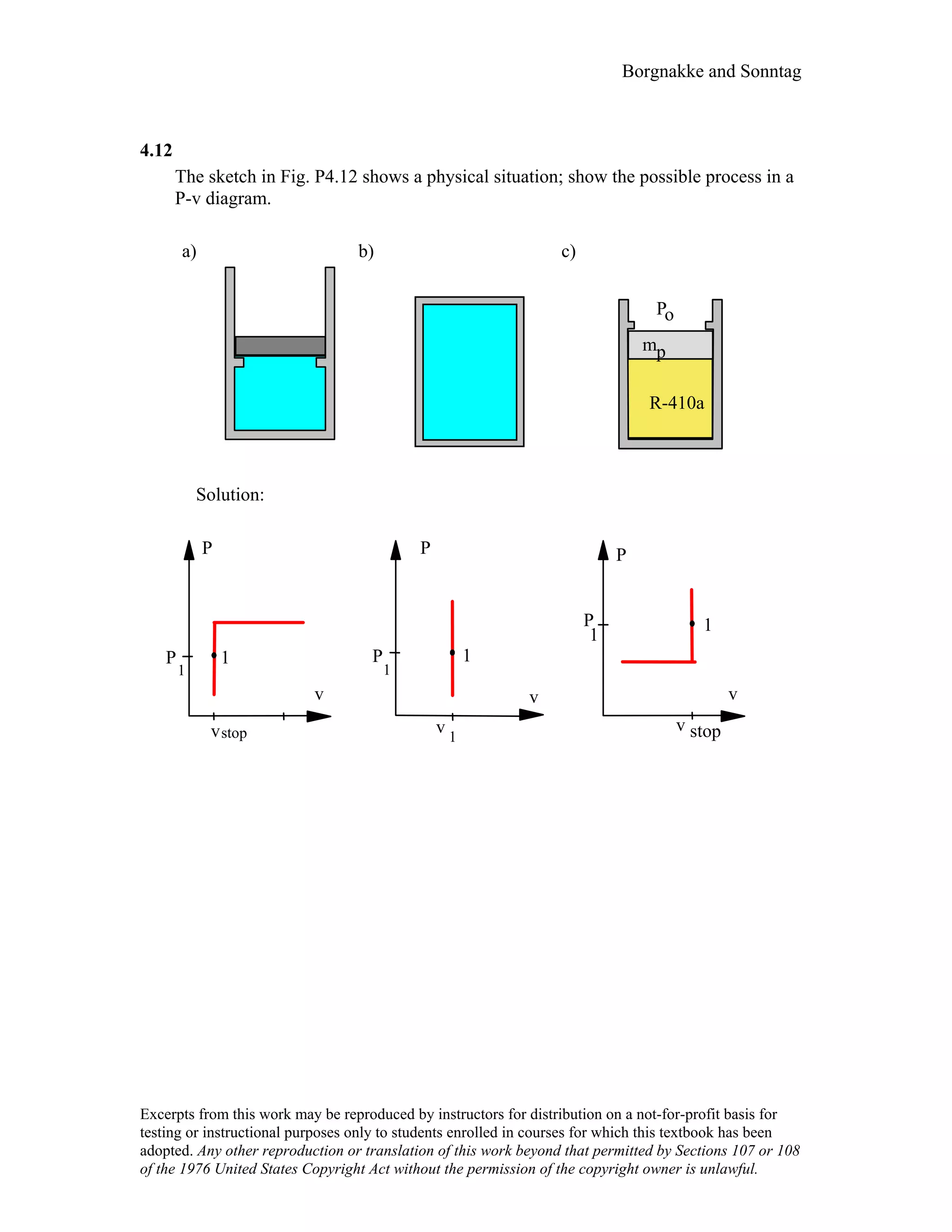 Borgnakke and Sonntag
4.12
The sketch in Fig. P4.12 shows a physical situation; show the possible process in a
P-v diagram.
a) b) c)
Solution:
v
P
1P
1
vstop
v
P
1P
1
v 1
v
P
1P
1
v stop
Po
mp
R-410a
Excerpts from this work may be reproduced by instructors for distribution on a not-for-profit basis for
testing or instructional purposes only to students enrolled in courses for which this textbook has been
adopted. Any other reproduction or translation of this work beyond that permitted by Sections 107 or 108
of the 1976 United States Copyright Act without the permission of the copyright owner is unlawful.
 