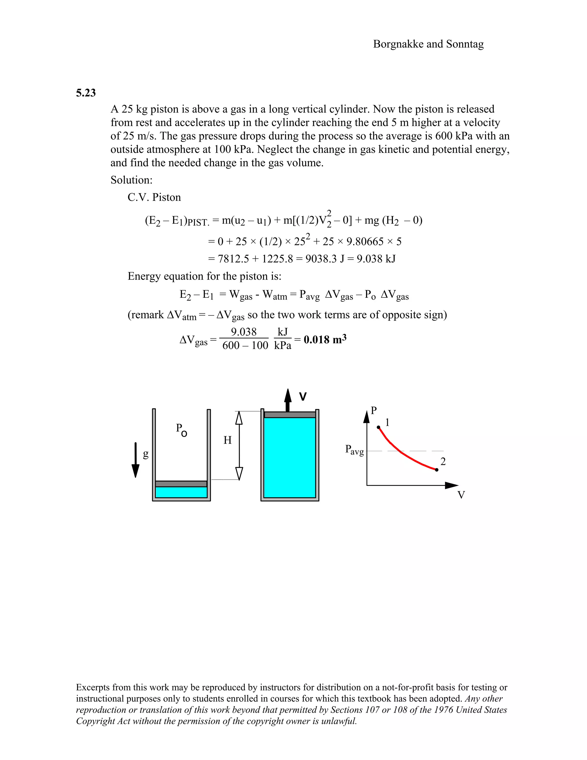 Borgnakke and Sonntag
5.23
A 25 kg piston is above a gas in a long vertical cylinder. Now the piston is released
from rest and accelerates up in the cylinder reaching the end 5 m higher at a velocity
of 25 m/s. The gas pressure drops during the process so the average is 600 kPa with an
outside atmosphere at 100 kPa. Neglect the change in gas kinetic and potential energy,
and find the needed change in the gas volume.
Solution:
C.V. Piston
(E2 – E1)PIST. = m(u2 – u1) + m[(1/2)V
2
2 – 0] + mg (H2 – 0)
= 0 + 25 × (1/2) × 25
2
+ 25 × 9.80665 × 5
= 7812.5 + 1225.8 = 9038.3 J = 9.038 kJ
Energy equation for the piston is:
E2 – E1 = Wgas - Watm = Pavg ∆Vgas – Po ∆Vgas
(remark ∆Vatm = – ∆Vgas so the two work terms are of opposite sign)
∆Vgas =
9.038
600 – 100
kJ
kPa = 0.018 m3
V
H
Po
g
P
1
2
V
Pavg
Excerpts from this work may be reproduced by instructors for distribution on a not-for-profit basis for testing or
instructional purposes only to students enrolled in courses for which this textbook has been adopted. Any other
reproduction or translation of this work beyond that permitted by Sections 107 or 108 of the 1976 United States
Copyright Act without the permission of the copyright owner is unlawful.
 