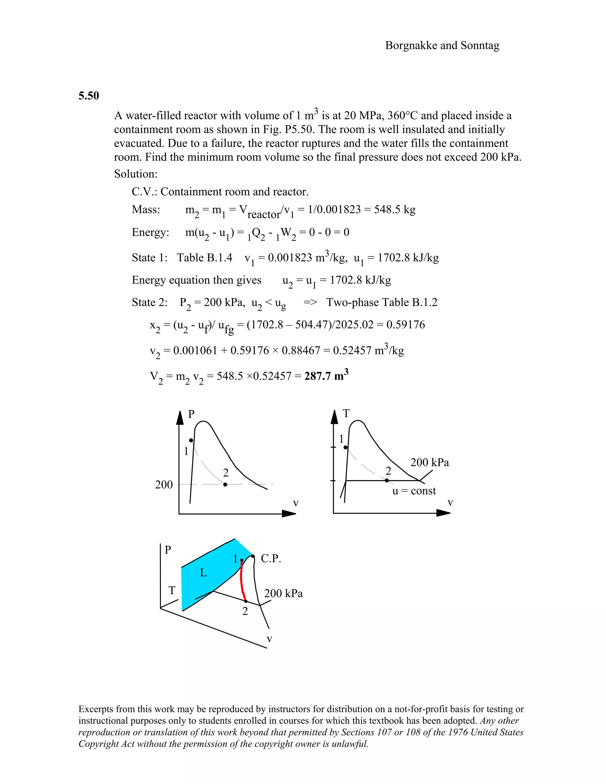 Borgnakke and Sonntag
5.50
A water-filled reactor with volume of 1 m3 is at 20 MPa, 360°C and placed inside a
containment room as shown in Fig. P5.50. The room is well insulated and initially
evacuated. Due to a failure, the reactor ruptures and the water fills the containment
room. Find the minimum room volume so the final pressure does not exceed 200 kPa.
Solution:
C.V.: Containment room and reactor.
Mass: m2 = m1 = Vreactor/v1 = 1/0.001823 = 548.5 kg
Energy: m(u2 - u1) = 1Q2 - 1W2 = 0 - 0 = 0
State 1: Table B.1.4 v1 = 0.001823 m3/kg, u1 = 1702.8 kJ/kg
Energy equation then gives u2 = u1 = 1702.8 kJ/kg
State 2: P2 = 200 kPa, u2 < ug => Two-phase Table B.1.2
x2 = (u2 - uf)/ ufg = (1702.8 – 504.47)/2025.02 = 0.59176
v2 = 0.001061 + 0.59176 × 0.88467 = 0.52457 m3/kg
V2 = m2 v2 = 548.5 ×0.52457 = 287.7 m3
P
v
1
T
v
1
2
200 kPa
200
2
u = const
P
T
v
L
C.P.1
2
200 kPa
Excerpts from this work may be reproduced by instructors for distribution on a not-for-profit basis for testing or
instructional purposes only to students enrolled in courses for which this textbook has been adopted. Any other
reproduction or translation of this work beyond that permitted by Sections 107 or 108 of the 1976 United States
Copyright Act without the permission of the copyright owner is unlawful.
 