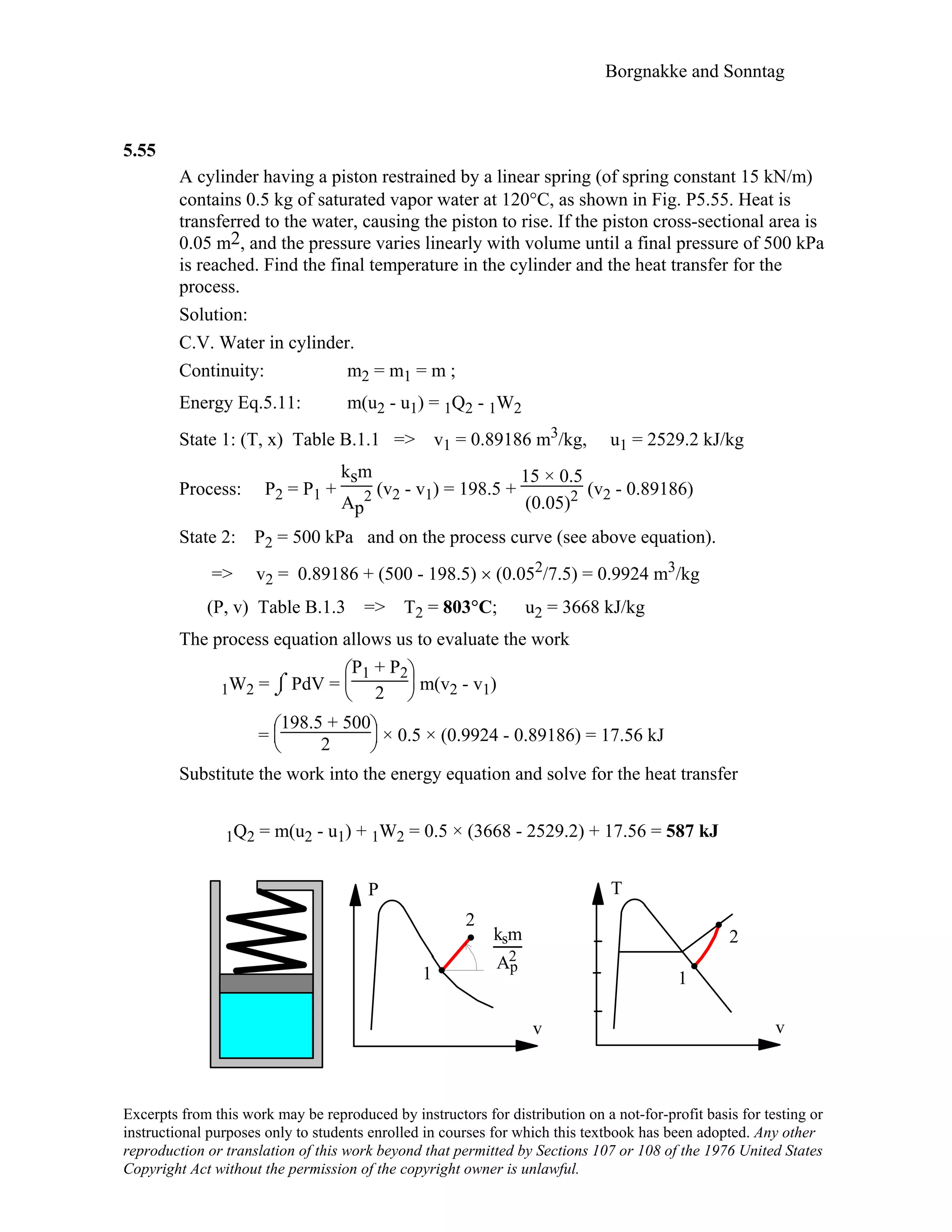 Borgnakke and Sonntag
5.55
A cylinder having a piston restrained by a linear spring (of spring constant 15 kN/m)
contains 0.5 kg of saturated vapor water at 120°C, as shown in Fig. P5.55. Heat is
transferred to the water, causing the piston to rise. If the piston cross-sectional area is
0.05 m2, and the pressure varies linearly with volume until a final pressure of 500 kPa
is reached. Find the final temperature in the cylinder and the heat transfer for the
process.
Solution:
C.V. Water in cylinder.
Continuity: m2 = m1 = m ;
Energy Eq.5.11: m(u2 - u1) = 1Q2 - 1W2
State 1: (T, x) Table B.1.1 => v1 = 0.89186 m3/kg, u1 = 2529.2 kJ/kg
Process: P2 = P1 +
ksm
Ap
2 (v2 - v1) = 198.5 +
15 × 0.5
(0.05)2 (v2 - 0.89186)
State 2: P2 = 500 kPa and on the process curve (see above equation).
=> v2 = 0.89186 + (500 - 198.5) × (0.052/7.5) = 0.9924 m3/kg
(P, v) Table B.1.3 => T2 = 803°C; u2 = 3668 kJ/kg
The process equation allows us to evaluate the work
1W2 = ⌡⌠ PdV =





P1 + P2
2 m(v2 - v1)
=





198.5 + 500
2 × 0.5 × (0.9924 - 0.89186) = 17.56 kJ
Substitute the work into the energy equation and solve for the heat transfer
1Q2 = m(u2 - u1) + 1W2 = 0.5 × (3668 - 2529.2) + 17.56 = 587 kJ
P
v
1
2
T
v
1
2k ms
Ap
2
Excerpts from this work may be reproduced by instructors for distribution on a not-for-profit basis for testing or
instructional purposes only to students enrolled in courses for which this textbook has been adopted. Any other
reproduction or translation of this work beyond that permitted by Sections 107 or 108 of the 1976 United States
Copyright Act without the permission of the copyright owner is unlawful.
 