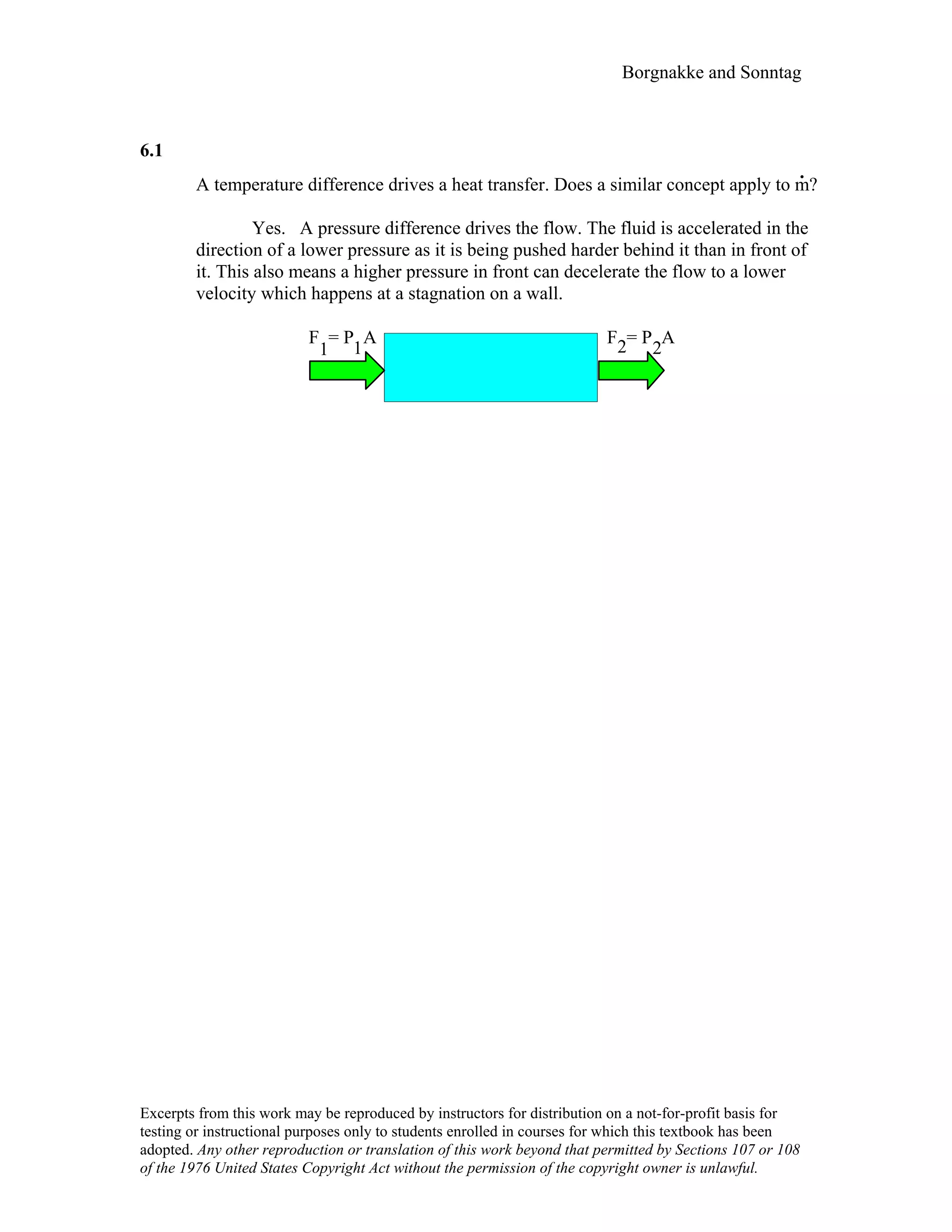 Borgnakke and Sonntag
6.1
A temperature difference drives a heat transfer. Does a similar concept apply to m
.
?
Yes. A pressure difference drives the flow. The fluid is accelerated in the
direction of a lower pressure as it is being pushed harder behind it than in front of
it. This also means a higher pressure in front can decelerate the flow to a lower
velocity which happens at a stagnation on a wall.
F = P A
1 1
F = P A
2 2
Excerpts from this work may be reproduced by instructors for distribution on a not-for-profit basis for
testing or instructional purposes only to students enrolled in courses for which this textbook has been
adopted. Any other reproduction or translation of this work beyond that permitted by Sections 107 or 108
of the 1976 United States Copyright Act without the permission of the copyright owner is unlawful.
 