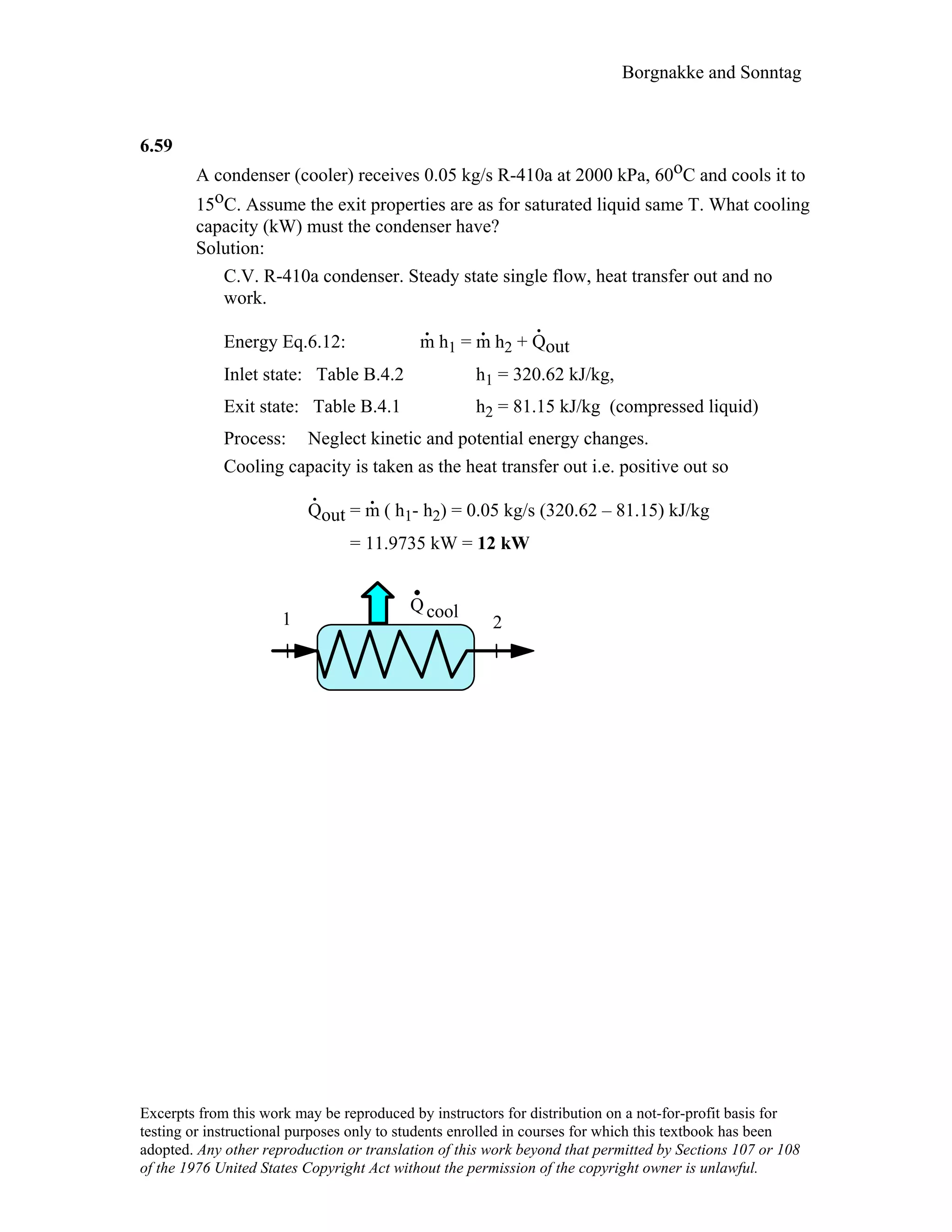 Borgnakke and Sonntag
6.59
A condenser (cooler) receives 0.05 kg/s R-410a at 2000 kPa, 60oC and cools it to
15oC. Assume the exit properties are as for saturated liquid same T. What cooling
capacity (kW) must the condenser have?
Solution:
C.V. R-410a condenser. Steady state single flow, heat transfer out and no
work.
Energy Eq.6.12: m
.
h1 = m
.
h2 + Q
.
out
Inlet state: Table B.4.2 h1 = 320.62 kJ/kg,
Exit state: Table B.4.1 h2 = 81.15 kJ/kg (compressed liquid)
Process: Neglect kinetic and potential energy changes.
Cooling capacity is taken as the heat transfer out i.e. positive out so
Q
.
out = m
.
( h1- h2) = 0.05 kg/s (320.62 – 81.15) kJ/kg
= 11.9735 kW = 12 kW
1 2
Qcool
Excerpts from this work may be reproduced by instructors for distribution on a not-for-profit basis for
testing or instructional purposes only to students enrolled in courses for which this textbook has been
adopted. Any other reproduction or translation of this work beyond that permitted by Sections 107 or 108
of the 1976 United States Copyright Act without the permission of the copyright owner is unlawful.
 