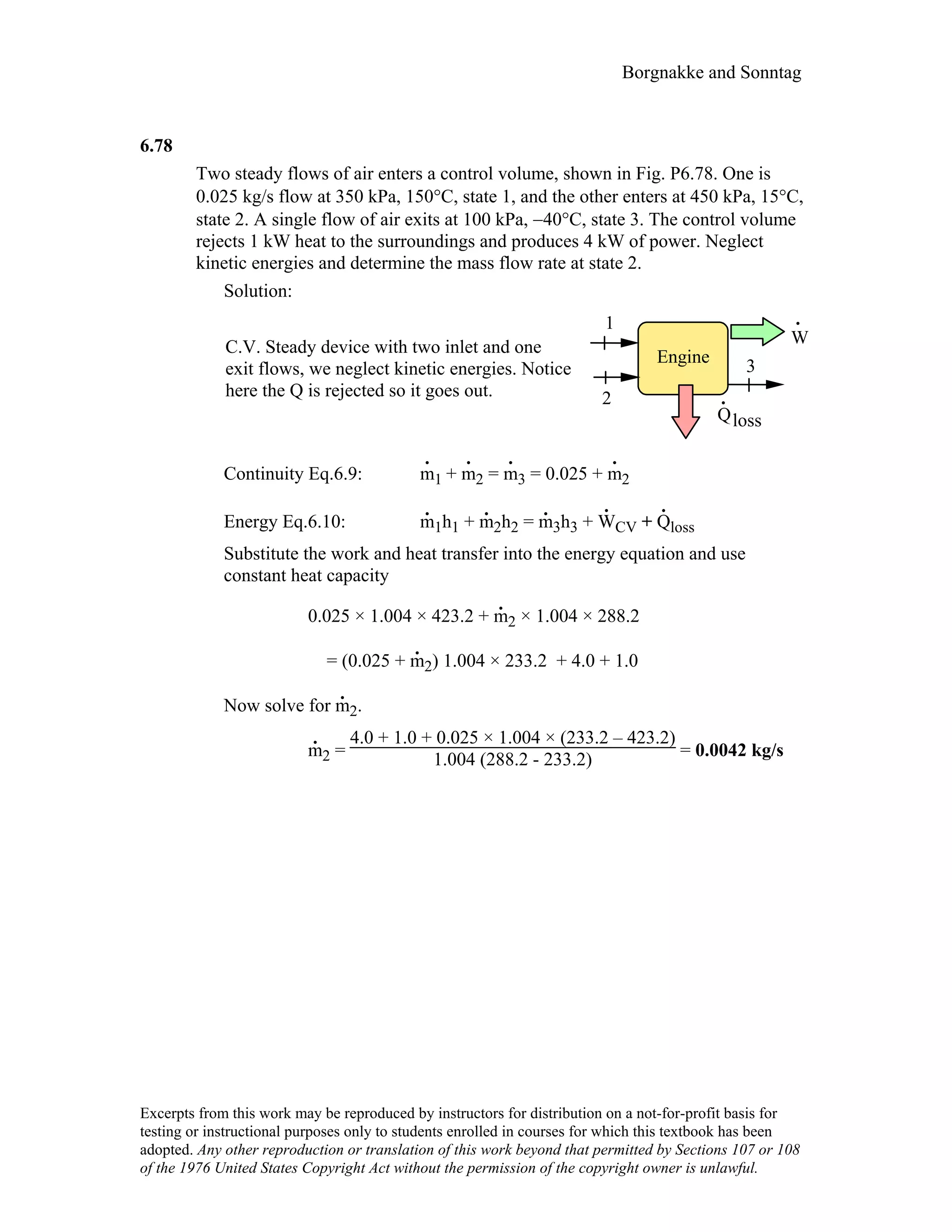 Borgnakke and Sonntag
6.78
Two steady flows of air enters a control volume, shown in Fig. P6.78. One is
0.025 kg/s flow at 350 kPa, 150°C, state 1, and the other enters at 450 kPa, 15°C,
state 2. A single flow of air exits at 100 kPa, −40°C, state 3. The control volume
rejects 1 kW heat to the surroundings and produces 4 kW of power. Neglect
kinetic energies and determine the mass flow rate at state 2.
Solution:
C.V. Steady device with two inlet and one
exit flows, we neglect kinetic energies. Notice
here the Q is rejected so it goes out.
1
2
3Engine
Q
.
loss
W
.
Continuity Eq.6.9: m
.
1 + m
.
2 = m
.
3 = 0.025 + m
.
2
Energy Eq.6.10: m
.
1h1 + m
.
2h2 = m
.
3h3 + W
.
CV + Q
.
loss
Substitute the work and heat transfer into the energy equation and use
constant heat capacity
0.025 × 1.004 × 423.2 + m
.
2 × 1.004 × 288.2
= (0.025 + m
.
2) 1.004 × 233.2 + 4.0 + 1.0
Now solve for m
.
2.
m
.
2 =
4.0 + 1.0 + 0.025 × 1.004 × (233.2 – 423.2)
1.004 (288.2 - 233.2) = 0.0042 kg/s
Excerpts from this work may be reproduced by instructors for distribution on a not-for-profit basis for
testing or instructional purposes only to students enrolled in courses for which this textbook has been
adopted. Any other reproduction or translation of this work beyond that permitted by Sections 107 or 108
of the 1976 United States Copyright Act without the permission of the copyright owner is unlawful.
 
