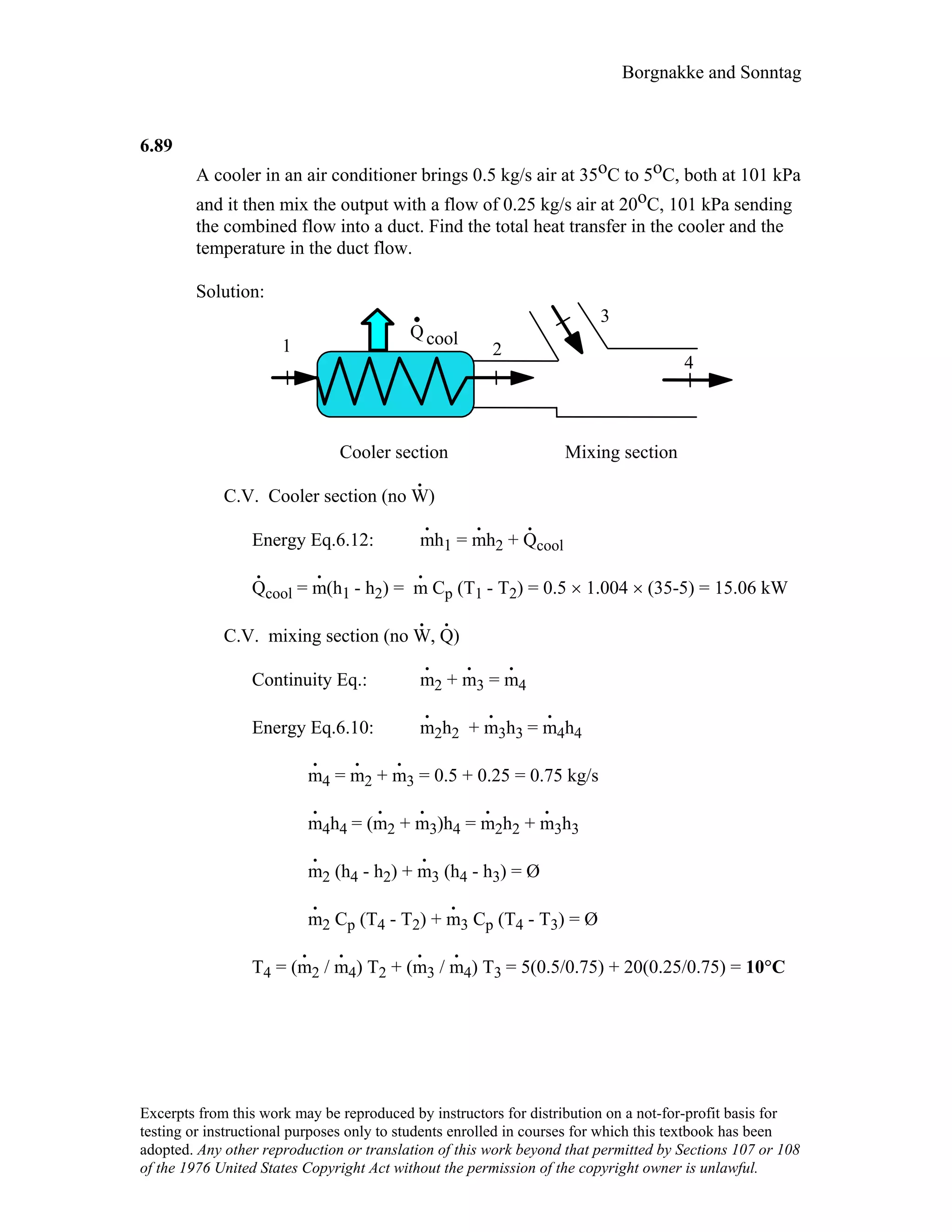 Borgnakke and Sonntag
6.89
A cooler in an air conditioner brings 0.5 kg/s air at 35oC to 5oC, both at 101 kPa
and it then mix the output with a flow of 0.25 kg/s air at 20oC, 101 kPa sending
the combined flow into a duct. Find the total heat transfer in the cooler and the
temperature in the duct flow.
Solution:
1 2
3
4
Qcool
Cooler section Mixing section
C.V. Cooler section (no W
.
)
Energy Eq.6.12: m
.
h1 = m
.
h2 + Q
.
cool
Q
.
cool = m
.
(h1 - h2) = m
.
Cp (T1 - T2) = 0.5 × 1.004 × (35-5) = 15.06 kW
C.V. mixing section (no W
.
, Q
.
)
Continuity Eq.: m
.
2 + m
.
3 = m
.
4
Energy Eq.6.10: m
.
2h2 + m
.
3h3 = m
.
4h4
m
.
4 = m
.
2 + m
.
3 = 0.5 + 0.25 = 0.75 kg/s
m
.
4h4 = (m
.
2 + m
.
3)h4 = m
.
2h2 + m
.
3h3
m
.
2 (h4 - h2) + m
.
3 (h4 - h3) = Ø
m
.
2 Cp (T4 - T2) + m
.
3 Cp (T4 - T3) = Ø
T4 = (m
.
2 / m
.
4) T2 + (m
.
3 / m
.
4) T3 = 5(0.5/0.75) + 20(0.25/0.75) = 10°C
Excerpts from this work may be reproduced by instructors for distribution on a not-for-profit basis for
testing or instructional purposes only to students enrolled in courses for which this textbook has been
adopted. Any other reproduction or translation of this work beyond that permitted by Sections 107 or 108
of the 1976 United States Copyright Act without the permission of the copyright owner is unlawful.
 