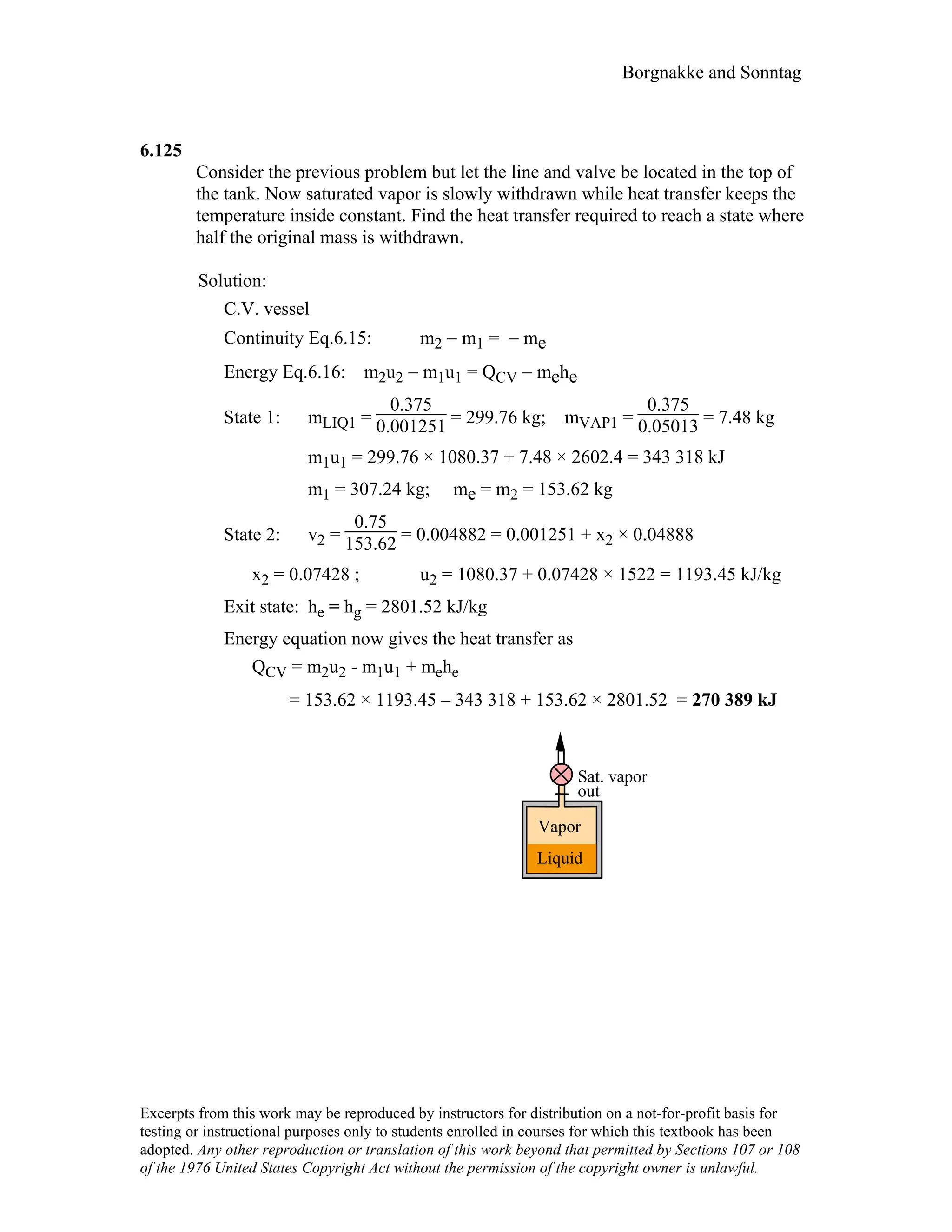 Borgnakke and Sonntag
6.125
Consider the previous problem but let the line and valve be located in the top of
the tank. Now saturated vapor is slowly withdrawn while heat transfer keeps the
temperature inside constant. Find the heat transfer required to reach a state where
half the original mass is withdrawn.
Solution:
C.V. vessel
Continuity Eq.6.15: m2 − m1 = − me
Energy Eq.6.16: m2u2 − m1u1 = QCV − mehe
State 1: mLIQ1 =
0.375
0.001251 = 299.76 kg; mVAP1 =
0.375
0.05013 = 7.48 kg
m1u1 = 299.76 × 1080.37 + 7.48 × 2602.4 = 343 318 kJ
m1 = 307.24 kg; me = m2 = 153.62 kg
State 2: v2 =
0.75
153.62 = 0.004882 = 0.001251 + x2 × 0.04888
x2 = 0.07428 ; u2 = 1080.37 + 0.07428 × 1522 = 1193.45 kJ/kg
Exit state: he = hg = 2801.52 kJ/kg
Energy equation now gives the heat transfer as
QCV = m2u2 - m1u1 + mehe
= 153.62 × 1193.45 – 343 318 + 153.62 × 2801.52 = 270 389 kJ
Sat. vapor
out
Liquid
Vapor
Excerpts from this work may be reproduced by instructors for distribution on a not-for-profit basis for
testing or instructional purposes only to students enrolled in courses for which this textbook has been
adopted. Any other reproduction or translation of this work beyond that permitted by Sections 107 or 108
of the 1976 United States Copyright Act without the permission of the copyright owner is unlawful.
 