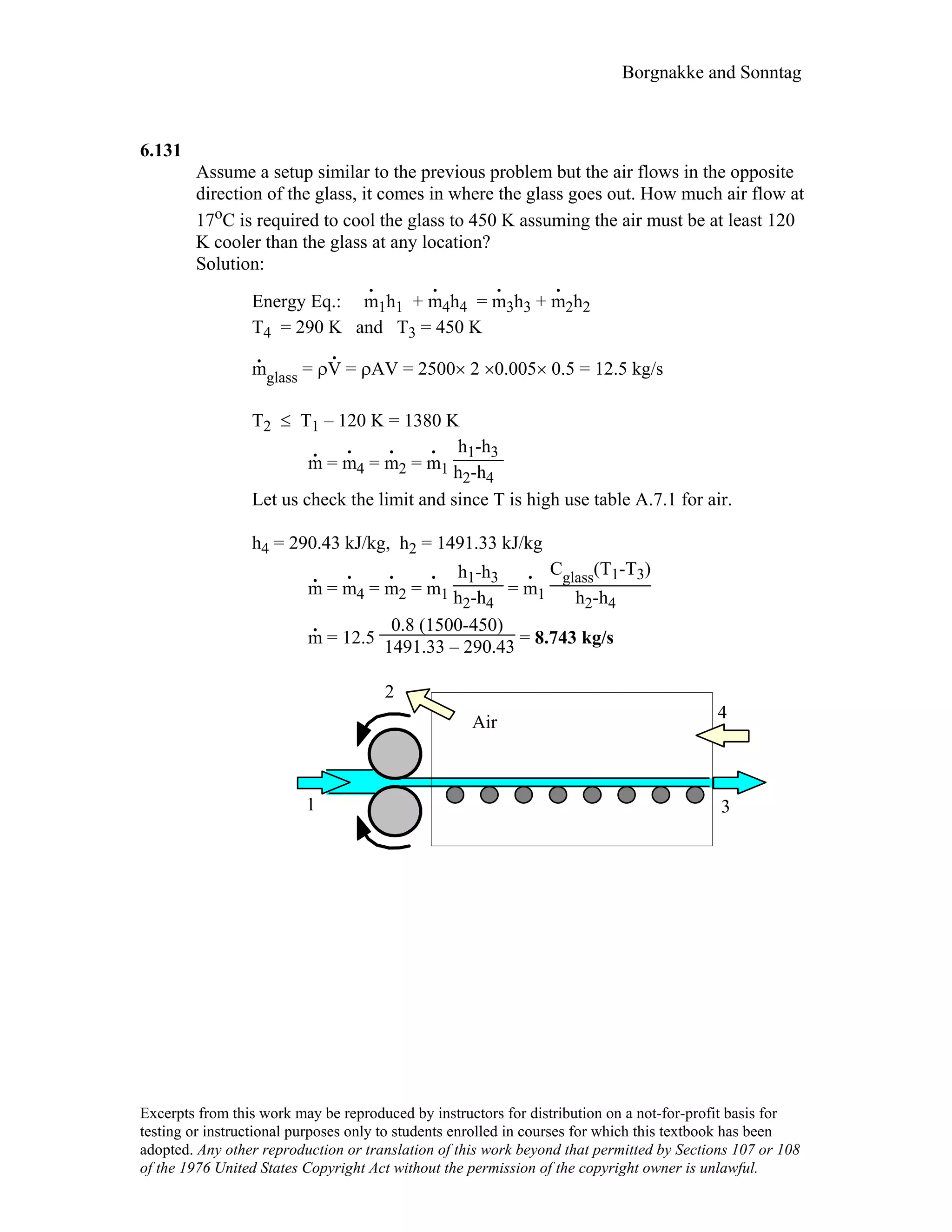 Borgnakke and Sonntag
6.131
Assume a setup similar to the previous problem but the air flows in the opposite
direction of the glass, it comes in where the glass goes out. How much air flow at
17oC is required to cool the glass to 450 K assuming the air must be at least 120
K cooler than the glass at any location?
Solution:
Energy Eq.: m
.
1h1 + m
.
4h4 = m
.
3h3 + m
.
2h2
T4 = 290 K and T3 = 450 K
m
.
glass = ρV
.
= ρAV = 2500× 2 ×0.005× 0.5 = 12.5 kg/s
T2 ≤ T1 – 120 K = 1380 K
m
.
= m
.
4 = m
.
2 = m
.
1
h1-h3
h2-h4
Let us check the limit and since T is high use table A.7.1 for air.
h4 = 290.43 kJ/kg, h2 = 1491.33 kJ/kg
m
.
= m
.
4 = m
.
2 = m
.
1
h1-h3
h2-h4
= m
.
1
Cglass(T1-T3)
h2-h4
m
.
= 12.5
0.8 (1500-450)
1491.33 – 290.43 = 8.743 kg/s
1
2
3
4
Air
Excerpts from this work may be reproduced by instructors for distribution on a not-for-profit basis for
testing or instructional purposes only to students enrolled in courses for which this textbook has been
adopted. Any other reproduction or translation of this work beyond that permitted by Sections 107 or 108
of the 1976 United States Copyright Act without the permission of the copyright owner is unlawful.
 