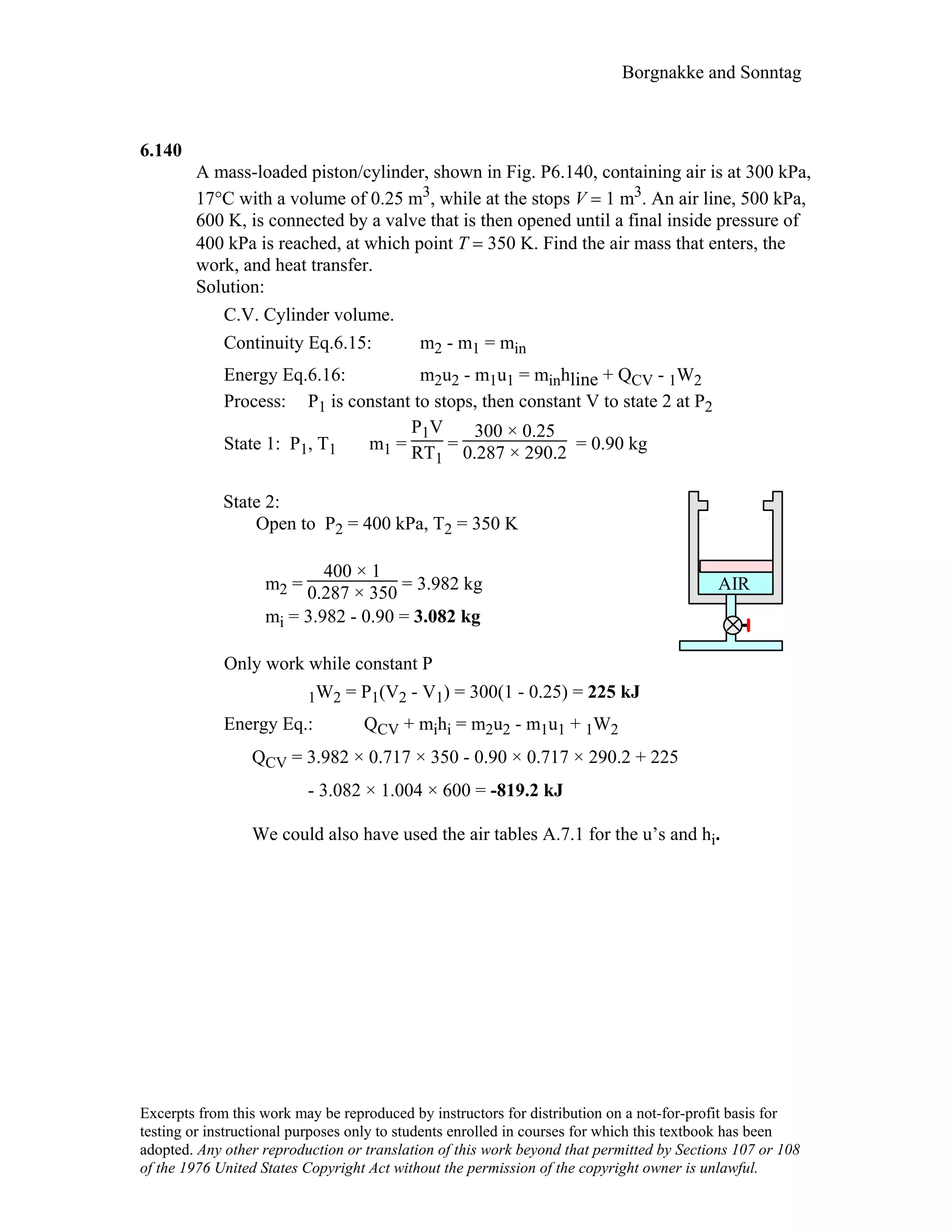 Borgnakke and Sonntag
6.140
A mass-loaded piston/cylinder, shown in Fig. P6.140, containing air is at 300 kPa,
17°C with a volume of 0.25 m3, while at the stops V = 1 m3. An air line, 500 kPa,
600 K, is connected by a valve that is then opened until a final inside pressure of
400 kPa is reached, at which point T = 350 K. Find the air mass that enters, the
work, and heat transfer.
Solution:
C.V. Cylinder volume.
Continuity Eq.6.15: m2 - m1 = min
Energy Eq.6.16: m2u2 - m1u1 = minhline + QCV - 1W2
Process: P1 is constant to stops, then constant V to state 2 at P2
State 1: P1, T1 m1 =
P1V
RT1
=
300 × 0.25
0.287 × 290.2 = 0.90 kg
State 2:
Open to P2 = 400 kPa, T2 = 350 K
m2 =
400 × 1
0.287 × 350 = 3.982 kg
mi = 3.982 - 0.90 = 3.082 kg
AIR
Only work while constant P
1W2 = P1(V2 - V1) = 300(1 - 0.25) = 225 kJ
Energy Eq.: QCV + mihi = m2u2 - m1u1 + 1W2
QCV = 3.982 × 0.717 × 350 - 0.90 × 0.717 × 290.2 + 225
- 3.082 × 1.004 × 600 = -819.2 kJ
We could also have used the air tables A.7.1 for the u’s and hi.
Excerpts from this work may be reproduced by instructors for distribution on a not-for-profit basis for
testing or instructional purposes only to students enrolled in courses for which this textbook has been
adopted. Any other reproduction or translation of this work beyond that permitted by Sections 107 or 108
of the 1976 United States Copyright Act without the permission of the copyright owner is unlawful.
 