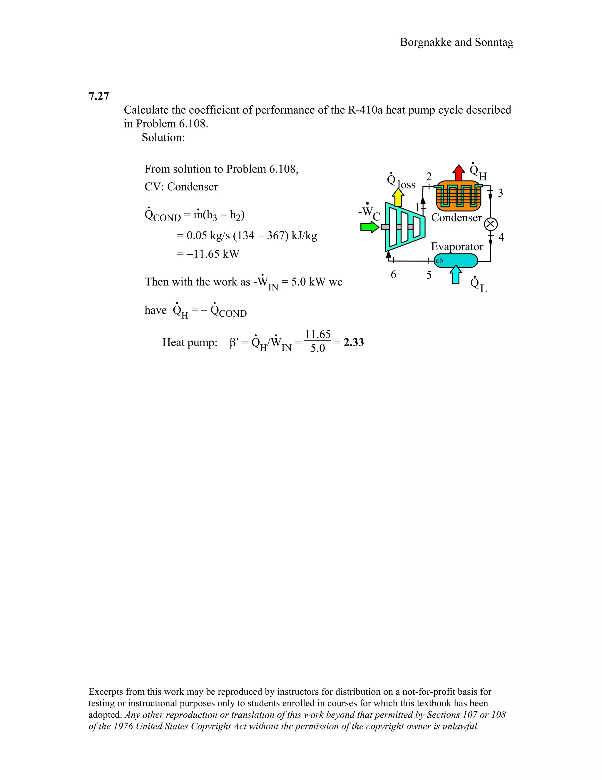 Borgnakke and Sonntag
7.27
Calculate the coefficient of performance of the R-410a heat pump cycle described
in Problem 6.108.
Solution:
From solution to Problem 6.108,
CV: Condenser
Q
.
COND = m
.
(h3 − h2)
= 0.05 kg/s (134 − 367) kJ/kg
= −11.65 kW
Then with the work as -W
.
IN = 5.0 kW we
have Q
.
H = − Q
.
COND
Q
H
-WC
QL
.
cb
Evaporator
Condenser
3
4
56
1
2Q loss
Heat pump: β′ = Q
.
H/W
.
IN =
11.65
5.0 = 2.33
Excerpts from this work may be reproduced by instructors for distribution on a not-for-profit basis for
testing or instructional purposes only to students enrolled in courses for which this textbook has been
adopted. Any other reproduction or translation of this work beyond that permitted by Sections 107 or 108
of the 1976 United States Copyright Act without the permission of the copyright owner is unlawful.
 