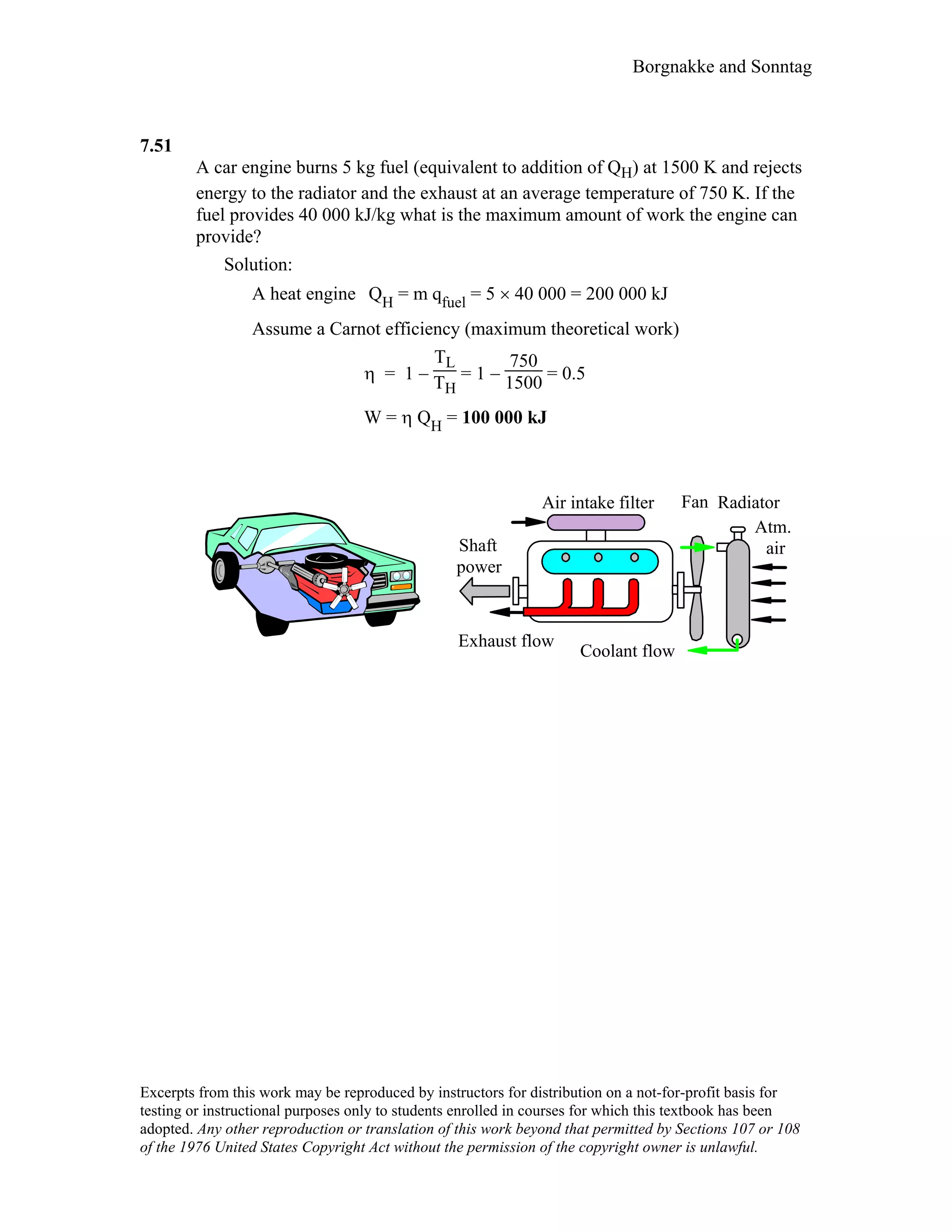 Borgnakke and Sonntag
7.51
A car engine burns 5 kg fuel (equivalent to addition of QH) at 1500 K and rejects
energy to the radiator and the exhaust at an average temperature of 750 K. If the
fuel provides 40 000 kJ/kg what is the maximum amount of work the engine can
provide?
Solution:
A heat engine QH = m qfuel = 5 × 40 000 = 200 000 kJ
Assume a Carnot efficiency (maximum theoretical work)
η = 1 −
TL
TH
= 1 −
750
1500 = 0.5
W = η QH = 100 000 kJ
Exhaust flow
Air intake filter
Coolant flow
Atm.
airShaft
Fan
power
Radiator
Excerpts from this work may be reproduced by instructors for distribution on a not-for-profit basis for
testing or instructional purposes only to students enrolled in courses for which this textbook has been
adopted. Any other reproduction or translation of this work beyond that permitted by Sections 107 or 108
of the 1976 United States Copyright Act without the permission of the copyright owner is unlawful.
 