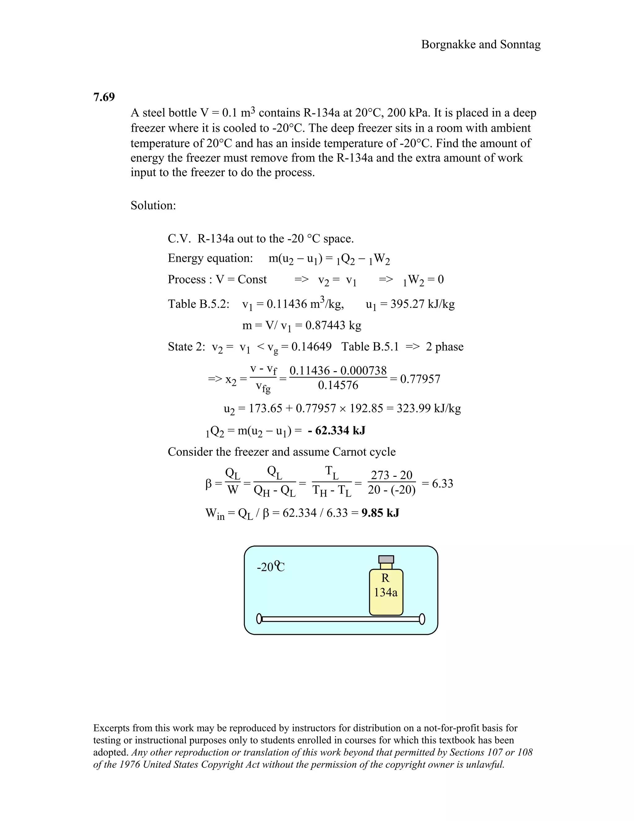 Borgnakke and Sonntag
7.69
A steel bottle V = 0.1 m3 contains R-134a at 20°C, 200 kPa. It is placed in a deep
freezer where it is cooled to -20°C. The deep freezer sits in a room with ambient
temperature of 20°C and has an inside temperature of -20°C. Find the amount of
energy the freezer must remove from the R-134a and the extra amount of work
input to the freezer to do the process.
Solution:
C.V. R-134a out to the -20 °C space.
Energy equation: m(u2 − u1) = 1Q2 − 1W2
Process : V = Const => v2 = v1 => 1W2 = 0
Table B.5.2: v1 = 0.11436 m3/kg, u1 = 395.27 kJ/kg
m = V/ v1 = 0.87443 kg
State 2: v2 = v1 < vg = 0.14649 Table B.5.1 => 2 phase
=> x2 =
v - vf
vfg
=
0.11436 - 0.000738
0.14576 = 0.77957
u2 = 173.65 + 0.77957 × 192.85 = 323.99 kJ/kg
1Q2 = m(u2 − u1) = - 62.334 kJ
Consider the freezer and assume Carnot cycle
β =
QL
W =
QL
QH - QL
=
TL
TH - TL
=
273 - 20
20 - (-20) = 6.33
Win = QL / β = 62.334 / 6.33 = 9.85 kJ
-20 Co
R
134a
Excerpts from this work may be reproduced by instructors for distribution on a not-for-profit basis for
testing or instructional purposes only to students enrolled in courses for which this textbook has been
adopted. Any other reproduction or translation of this work beyond that permitted by Sections 107 or 108
of the 1976 United States Copyright Act without the permission of the copyright owner is unlawful.
 