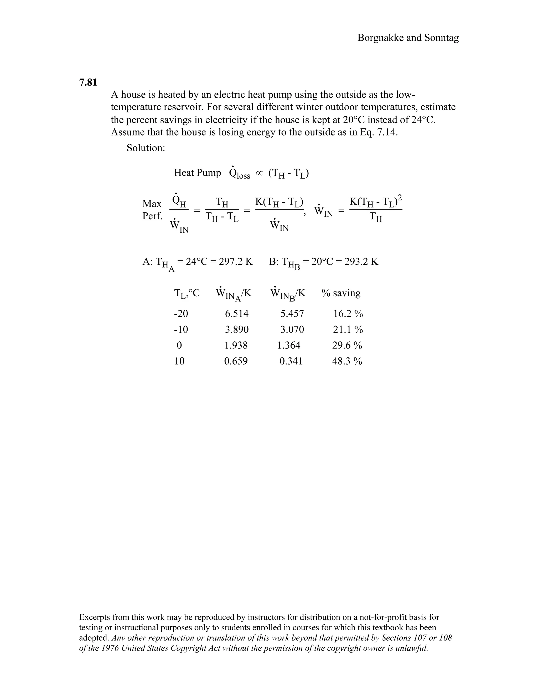 Borgnakke and Sonntag
7.81
A house is heated by an electric heat pump using the outside as the low-
temperature reservoir. For several different winter outdoor temperatures, estimate
the percent savings in electricity if the house is kept at 20°C instead of 24°C.
Assume that the house is losing energy to the outside as in Eq. 7.14.
Solution:
Heat Pump Q
.
loss ∝ (TH - TL)
Max
Perf.
Q
.
H
W
.
IN
=
TH
TH - TL
=
K(TH - TL)
W
.
IN
, W
.
IN =
K(TH - TL)2
TH
A: THA
= 24°C = 297.2 K B: THB
= 20°C = 293.2 K
TL,°C W
.
INA
/K W
.
INB
/K % saving
-20 6.514 5.457 16.2 %
-10 3.890 3.070 21.1 %
0 1.938 1.364 29.6 %
10 0.659 0.341 48.3 %
Excerpts from this work may be reproduced by instructors for distribution on a not-for-profit basis for
testing or instructional purposes only to students enrolled in courses for which this textbook has been
adopted. Any other reproduction or translation of this work beyond that permitted by Sections 107 or 108
of the 1976 United States Copyright Act without the permission of the copyright owner is unlawful.
 