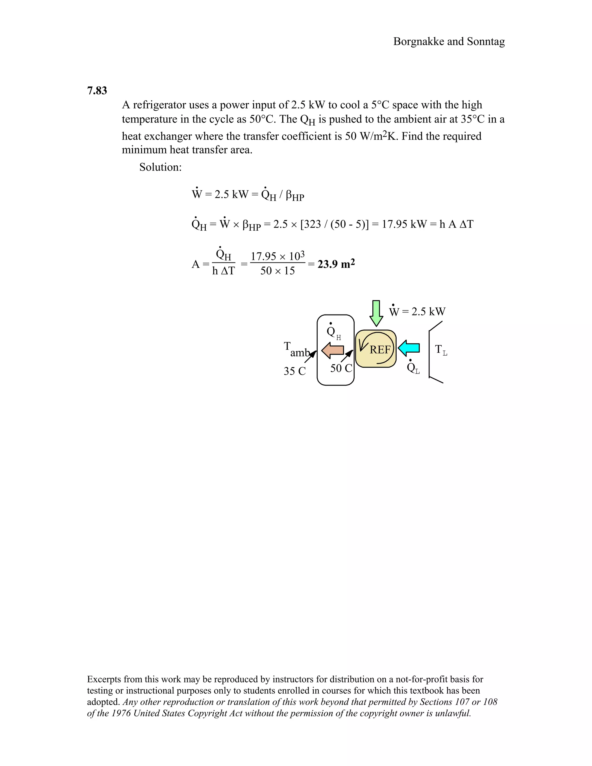 Borgnakke and Sonntag
7.83
A refrigerator uses a power input of 2.5 kW to cool a 5°C space with the high
temperature in the cycle as 50°C. The QH is pushed to the ambient air at 35°C in a
heat exchanger where the transfer coefficient is 50 W/m2K. Find the required
minimum heat transfer area.
Solution:
W
.
= 2.5 kW = Q
.
H / βHP
Q
.
H = W
.
× βHP = 2.5 × [323 / (50 - 5)] = 17.95 kW = h A ∆T
A =
Q
.
H
h ∆T
=
17.95 × 103
50 × 15
= 23.9 m2
T
H
Q
W
TL
LQ
amb REF
= 2.5 kW
35 C 50 C
Excerpts from this work may be reproduced by instructors for distribution on a not-for-profit basis for
testing or instructional purposes only to students enrolled in courses for which this textbook has been
adopted. Any other reproduction or translation of this work beyond that permitted by Sections 107 or 108
of the 1976 United States Copyright Act without the permission of the copyright owner is unlawful.
 