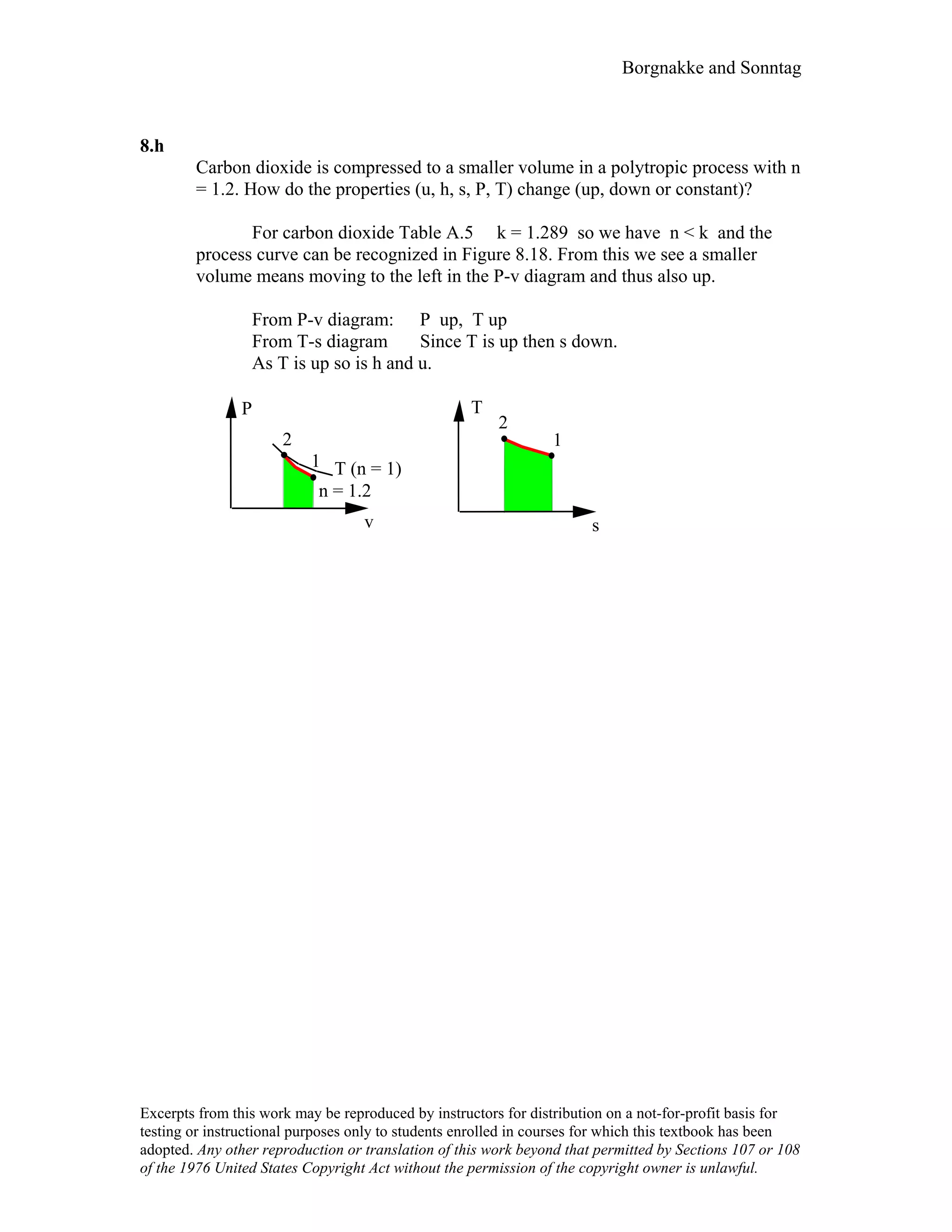 Borgnakke and Sonntag
Excerpts from this work may be reproduced by instructors for distribution on a not-for-profit basis for
testing or instructional purposes only to students enrolled in courses for which this textbook has been
adopted. Any other reproduction or translation of this work beyond that permitted by Sections 107 or 108
of the 1976 United States Copyright Act without the permission of the copyright owner is unlawful.
8.h
Carbon dioxide is compressed to a smaller volume in a polytropic process with n
= 1.2. How do the properties (u, h, s, P, T) change (up, down or constant)?
For carbon dioxide Table A.5 k = 1.289 so we have n < k and the
process curve can be recognized in Figure 8.18. From this we see a smaller
volume means moving to the left in the P-v diagram and thus also up.
From P-v diagram: P up, T up
From T-s diagram Since T is up then s down.
As T is up so is h and u.
TP
2
2 1
1 T (n = 1)
n = 1.2
v s
 