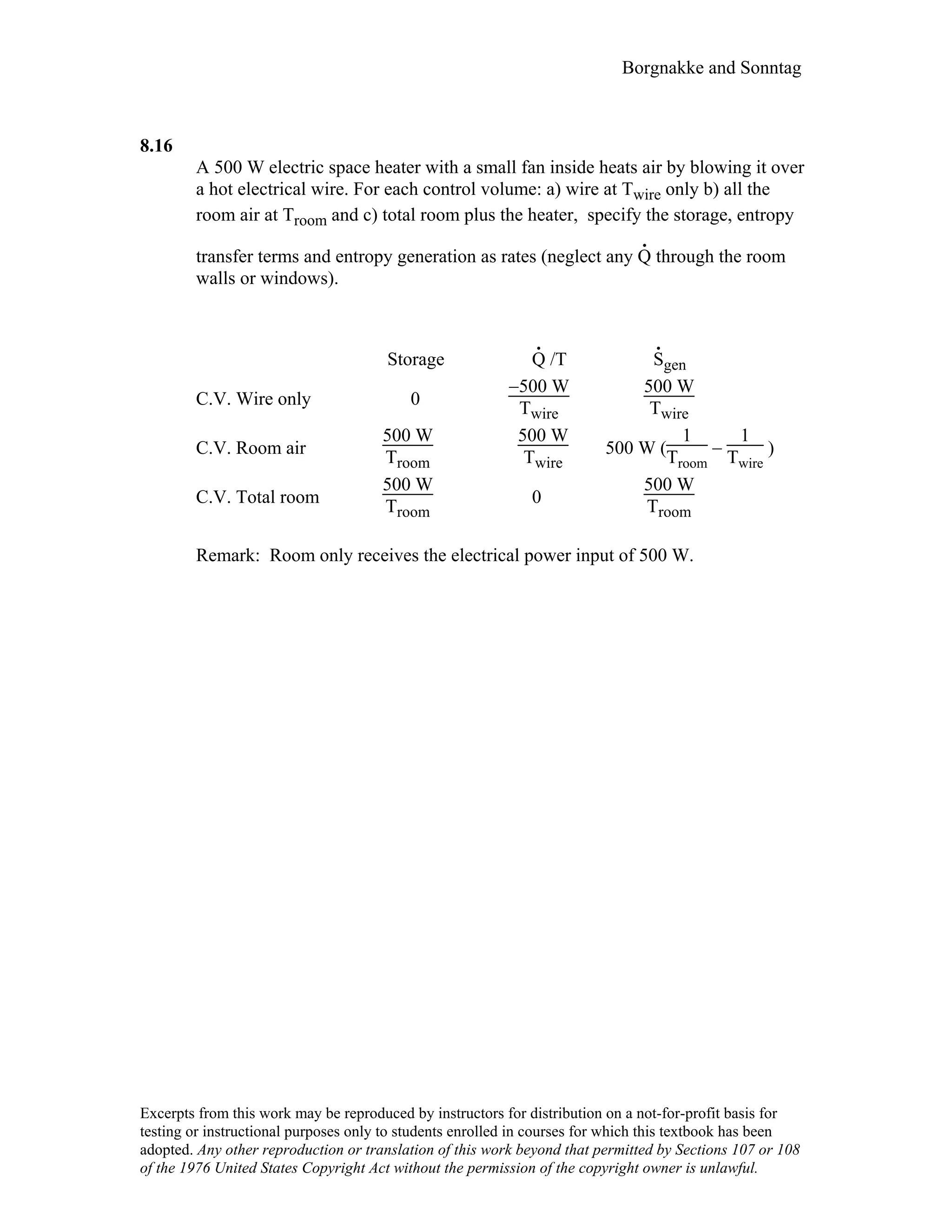 Borgnakke and Sonntag
8.16
A 500 W electric space heater with a small fan inside heats air by blowing it over
a hot electrical wire. For each control volume: a) wire at Twire only b) all the
room air at Troom and c) total room plus the heater, specify the storage, entropy
transfer terms and entropy generation as rates (neglect any Q
.
through the room
walls or windows).
Storage Q
.
/T S
.
gen
C.V. Wire only 0
−500 W
Twire
500 W
Twire
C.V. Room air
500 W
Troom
500 W
Twire
500 W (
1
Troom
−
1
Twire
)
C.V. Total room
500 W
Troom
0
500 W
Troom
Remark: Room only receives the electrical power input of 500 W.
Excerpts from this work may be reproduced by instructors for distribution on a not-for-profit basis for
testing or instructional purposes only to students enrolled in courses for which this textbook has been
adopted. Any other reproduction or translation of this work beyond that permitted by Sections 107 or 108
of the 1976 United States Copyright Act without the permission of the copyright owner is unlawful.
 