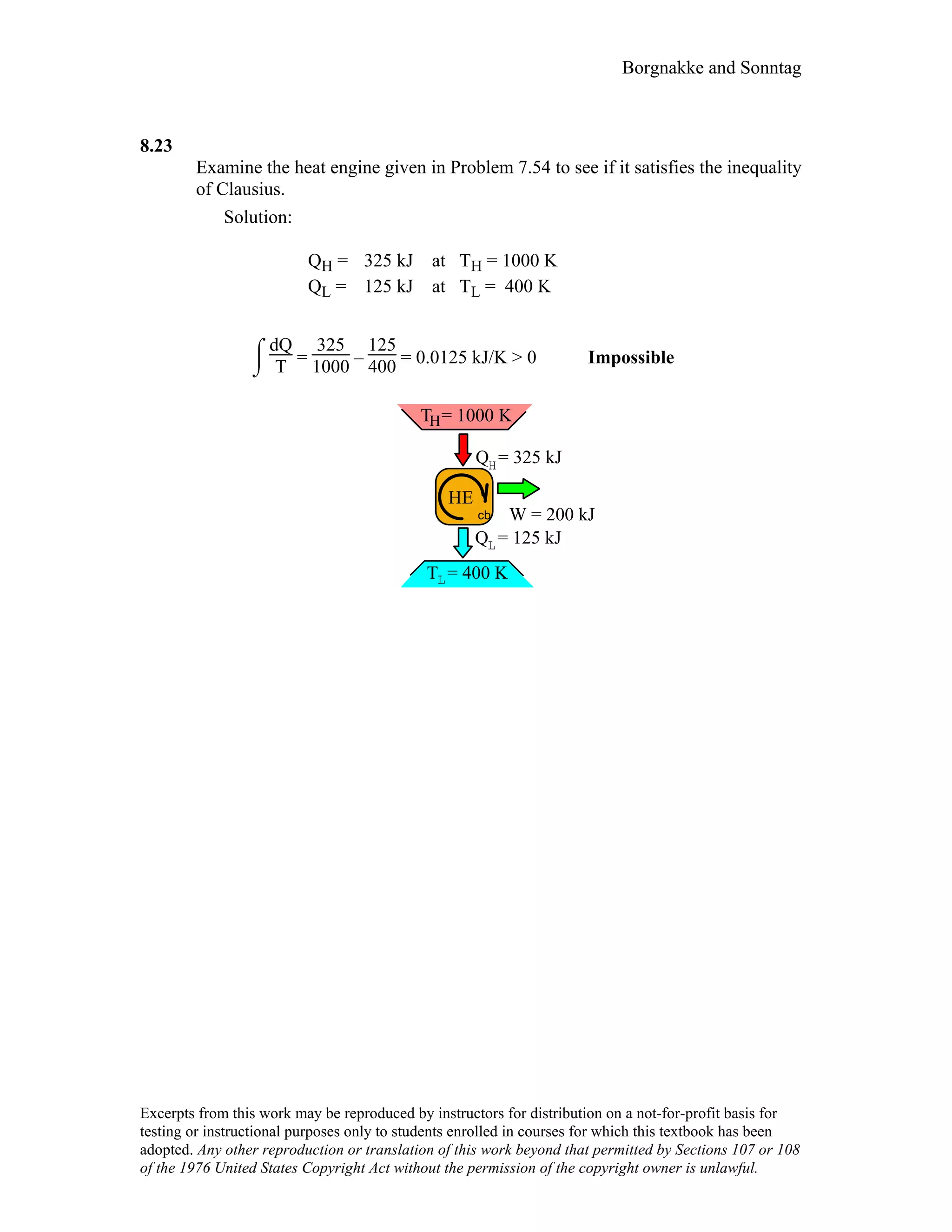 Borgnakke and Sonntag
8.23
Examine the heat engine given in Problem 7.54 to see if it satisfies the inequality
of Clausius.
Solution:
QH = 325 kJ at TH = 1000 K
QL = 125 kJ at TL = 400 K
⌡

⌠ dQ
T =
325
1000 –
125
400 = 0.0125 kJ/K > 0 Impossible
HQ = 325 kJ
W = 200 kJ
LQ = 125 kJ
T = 1000 KH
HE
cb
T = 400 KL
Excerpts from this work may be reproduced by instructors for distribution on a not-for-profit basis for
testing or instructional purposes only to students enrolled in courses for which this textbook has been
adopted. Any other reproduction or translation of this work beyond that permitted by Sections 107 or 108
of the 1976 United States Copyright Act without the permission of the copyright owner is unlawful.
 