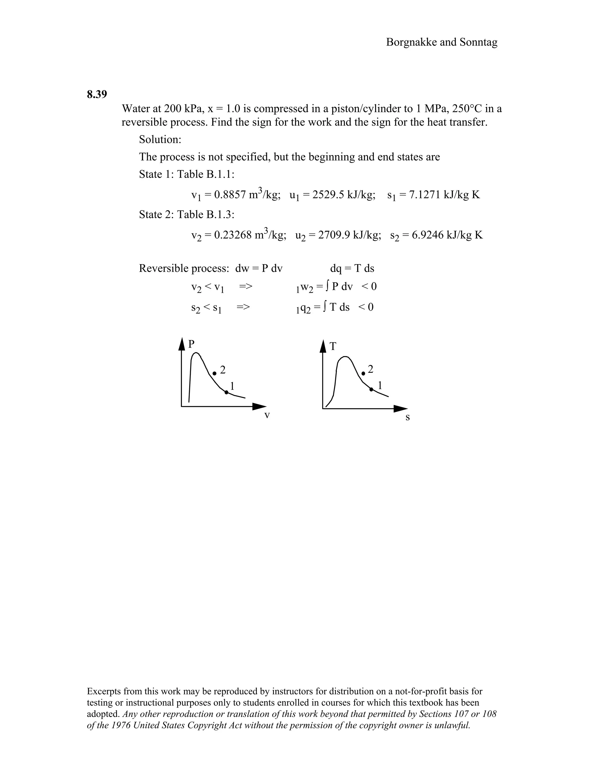 Borgnakke and Sonntag
8.39
Water at 200 kPa, x = 1.0 is compressed in a piston/cylinder to 1 MPa, 250°C in a
reversible process. Find the sign for the work and the sign for the heat transfer.
Solution:
The process is not specified, but the beginning and end states are
State 1: Table B.1.1:
v1 = 0.8857 m3/kg; u1 = 2529.5 kJ/kg; s1 = 7.1271 kJ/kg K
State 2: Table B.1.3:
v2 = 0.23268 m3/kg; u2 = 2709.9 kJ/kg; s2 = 6.9246 kJ/kg K
Reversible process: dw = P dv dq = T ds
v2 < v1 => 1w2 = ∫ P dv < 0
s2 < s1 => 1q2 = ∫ T ds < 0
2
1
P
v
T
s
1
2
Excerpts from this work may be reproduced by instructors for distribution on a not-for-profit basis for
testing or instructional purposes only to students enrolled in courses for which this textbook has been
adopted. Any other reproduction or translation of this work beyond that permitted by Sections 107 or 108
of the 1976 United States Copyright Act without the permission of the copyright owner is unlawful.
 