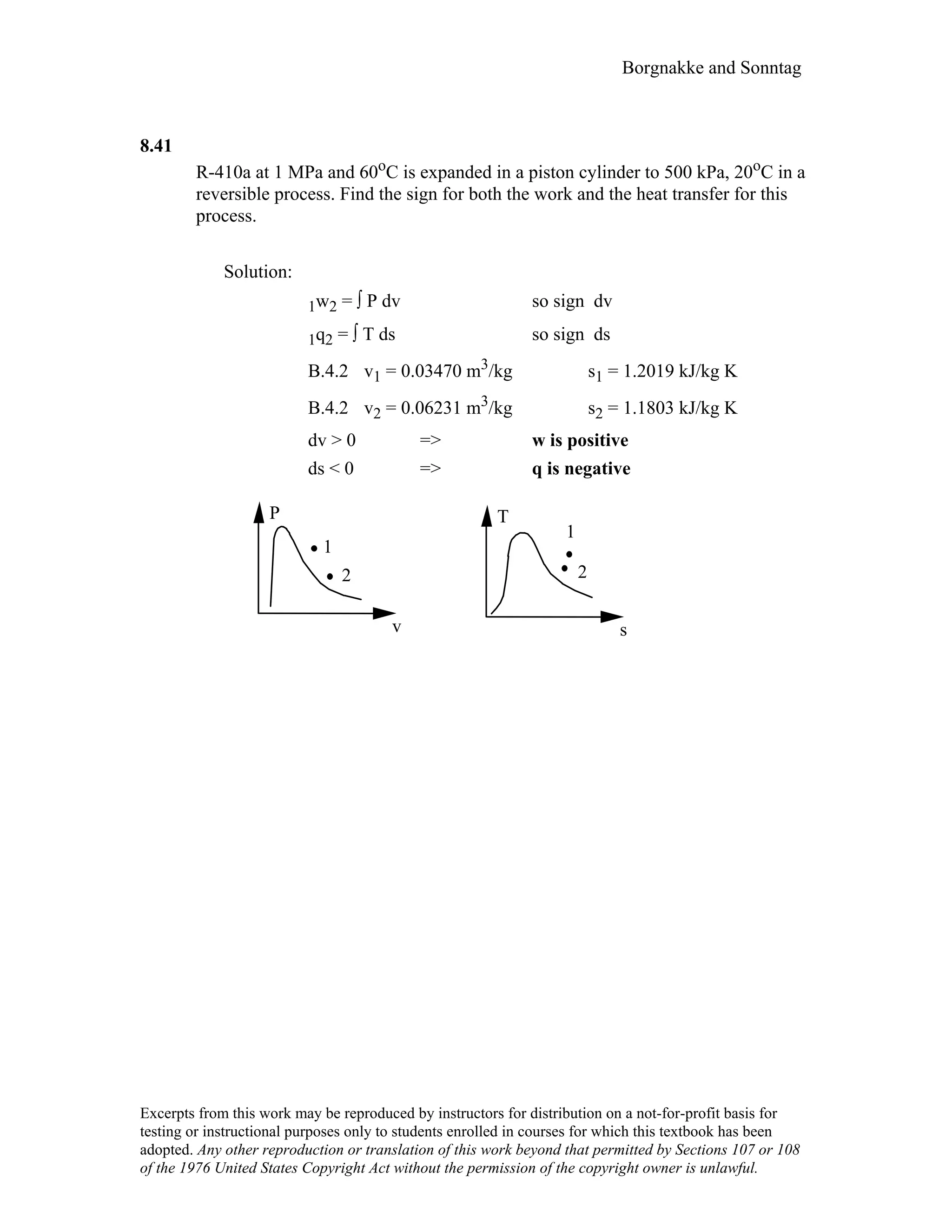 Borgnakke and Sonntag
8.41
R-410a at 1 MPa and 60oC is expanded in a piston cylinder to 500 kPa, 20oC in a
reversible process. Find the sign for both the work and the heat transfer for this
process.
Solution:
1w2 = ∫ P dv so sign dv
1q2 = ∫ T ds so sign ds
B.4.2 v1 = 0.03470 m3/kg s1 = 1.2019 kJ/kg K
B.4.2 v2 = 0.06231 m3/kg s2 = 1.1803 kJ/kg K
dv > 0 => w is positive
ds < 0 => q is negative
2
1
P
v
T
s
1
2
Excerpts from this work may be reproduced by instructors for distribution on a not-for-profit basis for
testing or instructional purposes only to students enrolled in courses for which this textbook has been
adopted. Any other reproduction or translation of this work beyond that permitted by Sections 107 or 108
of the 1976 United States Copyright Act without the permission of the copyright owner is unlawful.
 